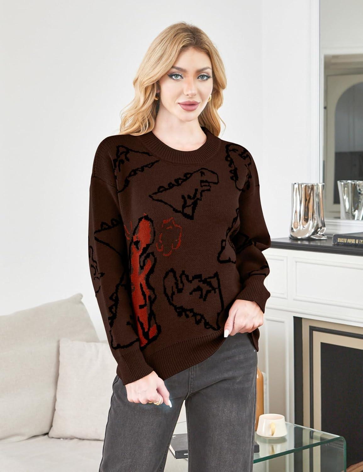 imageGihuo Women Dinosaur Oversized Sweater Graphic Crewneck Knitted Pullover Casual Loose Fit Jumper TopsBrown