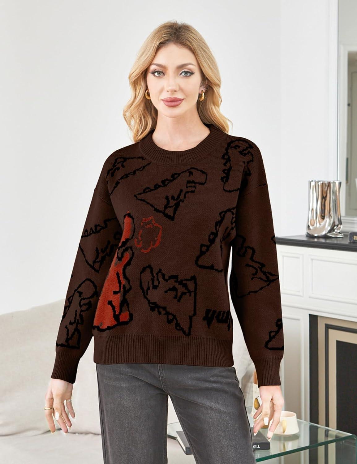imageGihuo Women Dinosaur Oversized Sweater Graphic Crewneck Knitted Pullover Casual Loose Fit Jumper TopsBrown