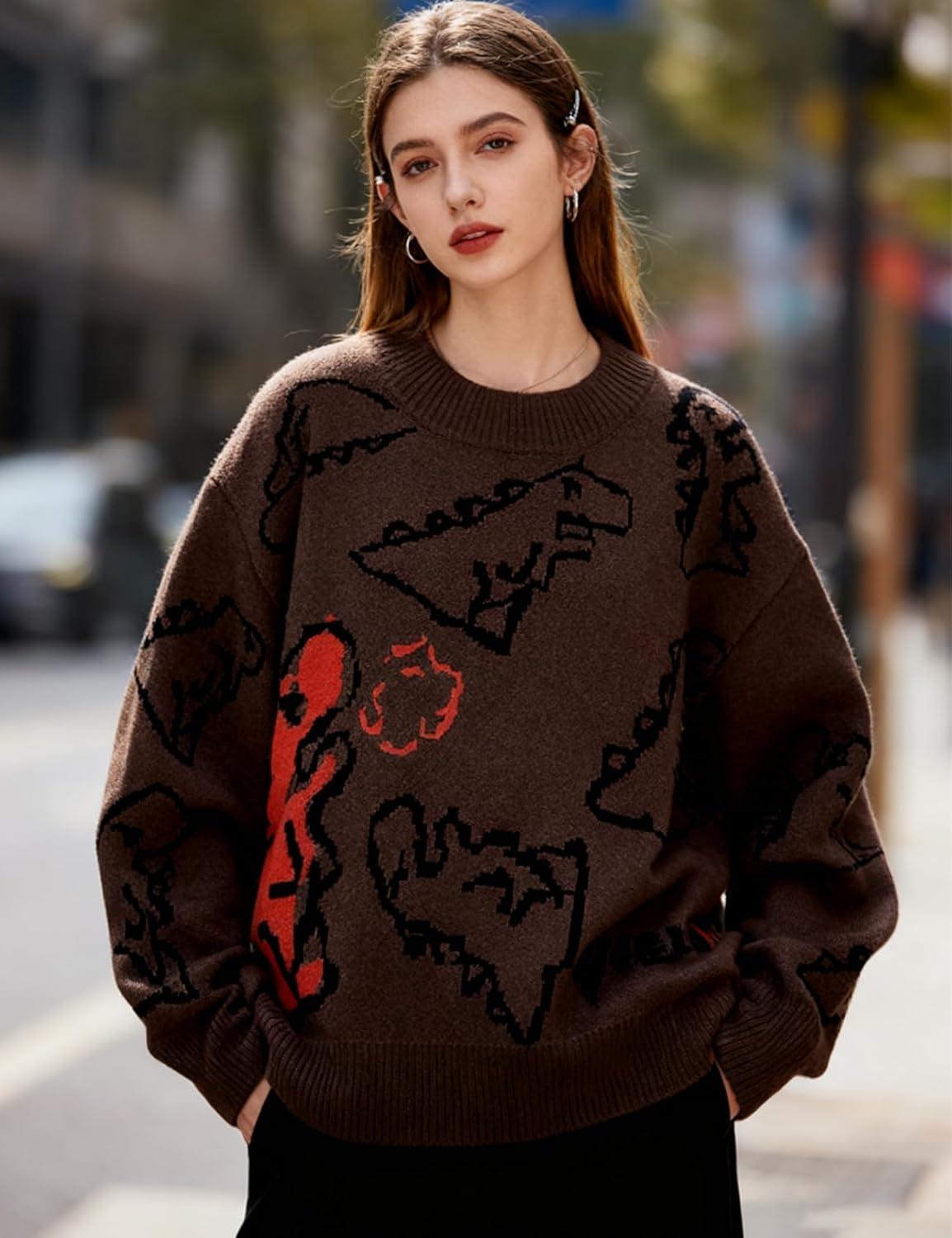 imageGihuo Women Dinosaur Oversized Sweater Graphic Crewneck Knitted Pullover Casual Loose Fit Jumper TopsBrown