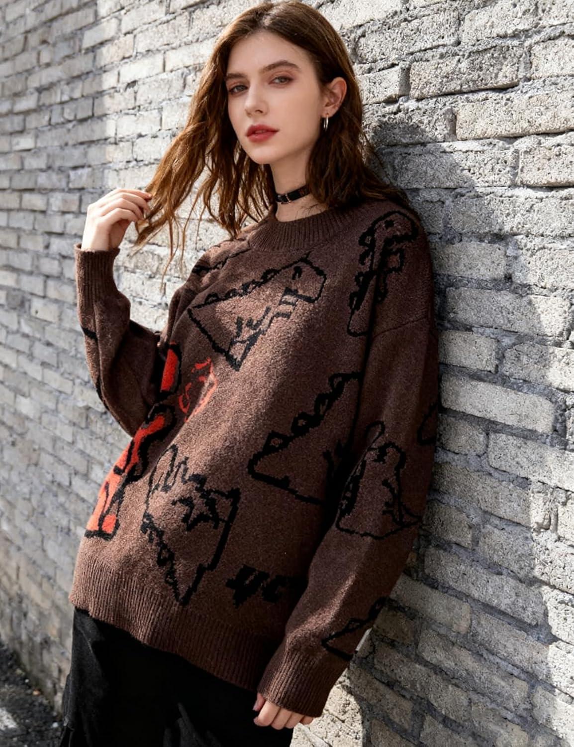 imageGihuo Women Dinosaur Oversized Sweater Graphic Crewneck Knitted Pullover Casual Loose Fit Jumper TopsBrown