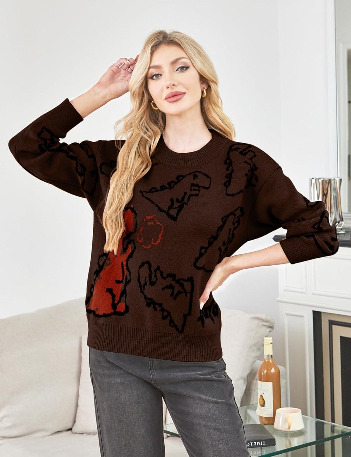 imageGihuo Women Dinosaur Oversized Sweater Graphic Crewneck Knitted Pullover Casual Loose Fit Jumper TopsBrown