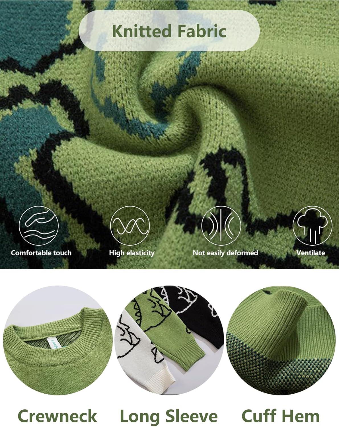 imageGihuo Women Dinosaur Oversized Sweater Graphic Crewneck Knitted Pullover Casual Loose Fit Jumper TopsGreen