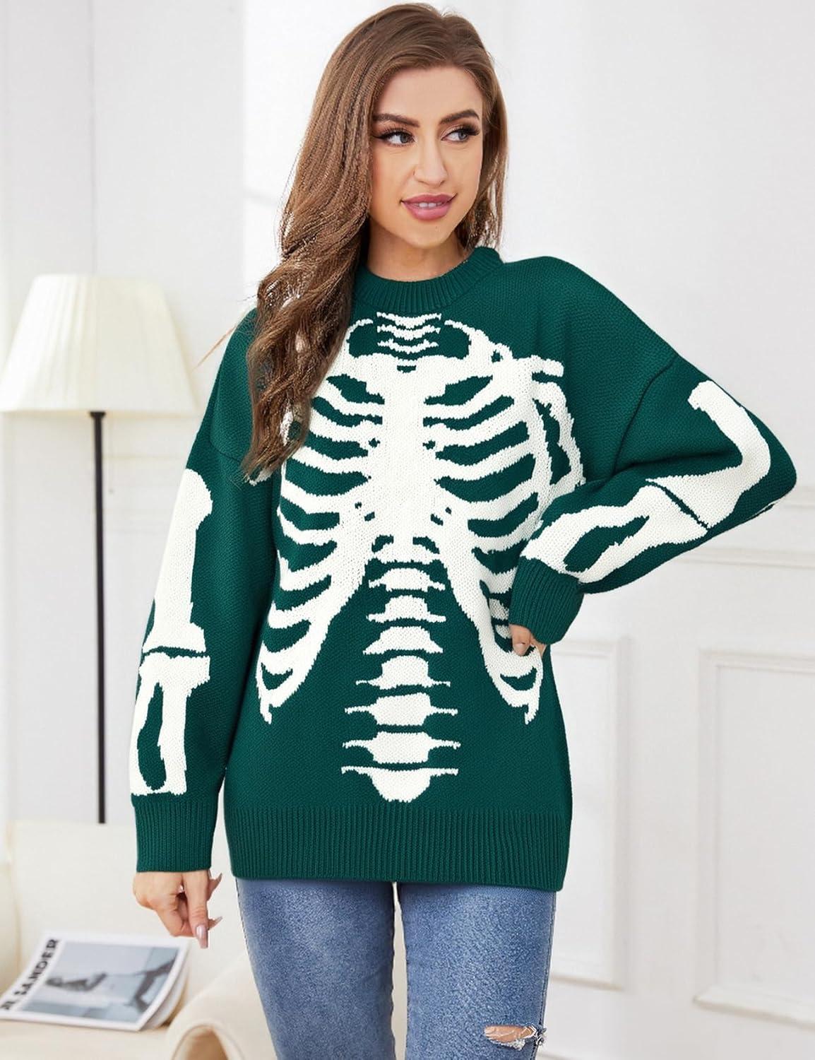 imageGihuo Women Dinosaur Oversized Sweater Graphic Crewneck Knitted Pullover Casual Loose Fit Jumper TopsGreenskeleton