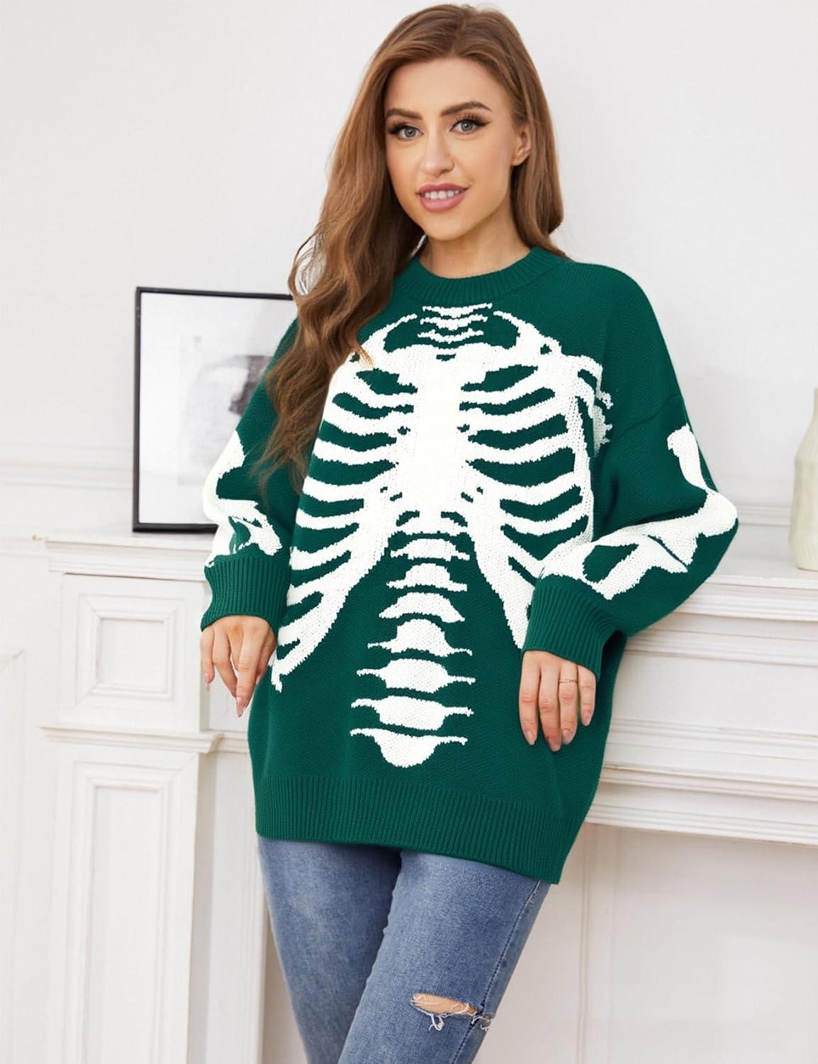 imageGihuo Women Dinosaur Oversized Sweater Graphic Crewneck Knitted Pullover Casual Loose Fit Jumper TopsGreenskeleton