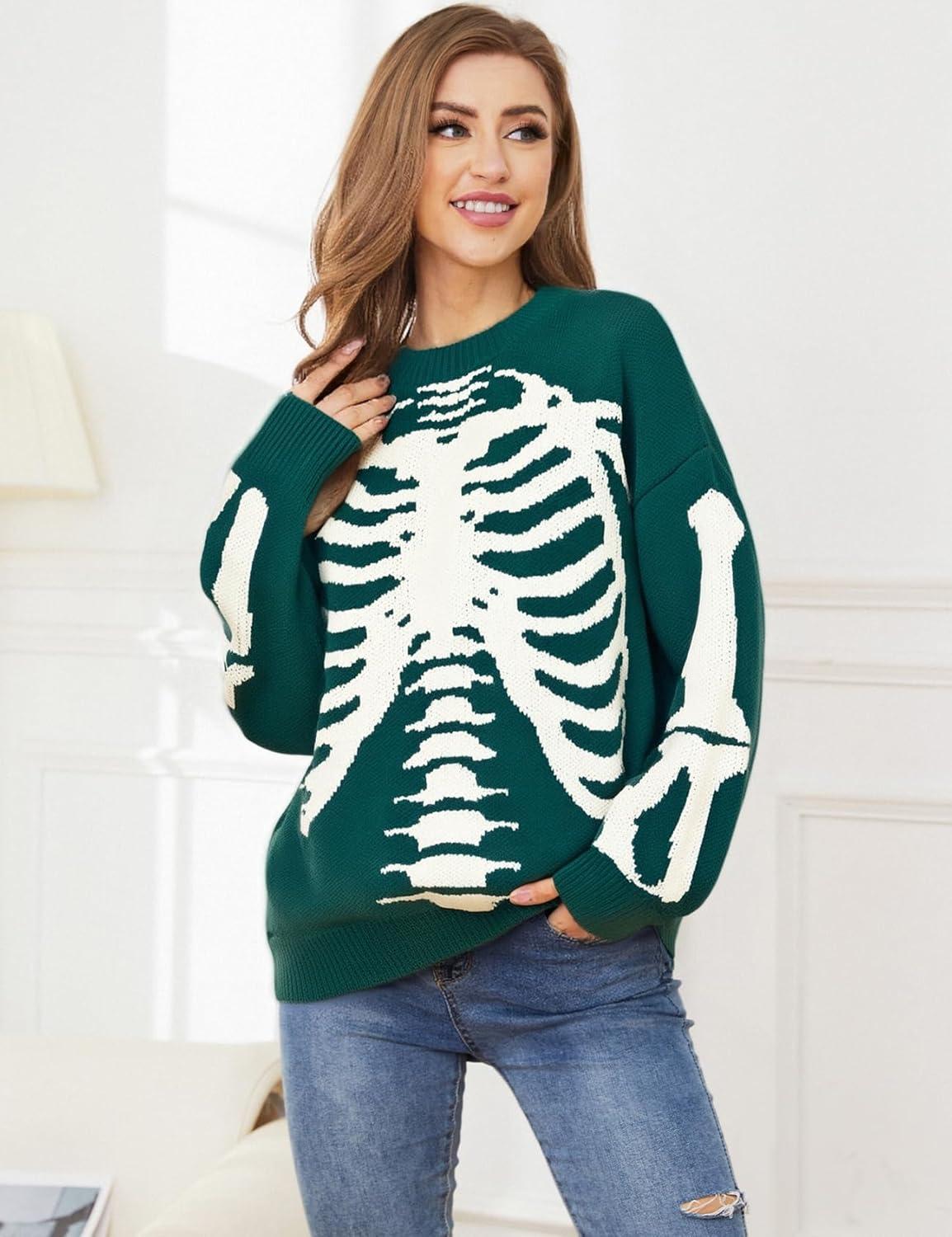 imageGihuo Women Dinosaur Oversized Sweater Graphic Crewneck Knitted Pullover Casual Loose Fit Jumper TopsGreenskeleton