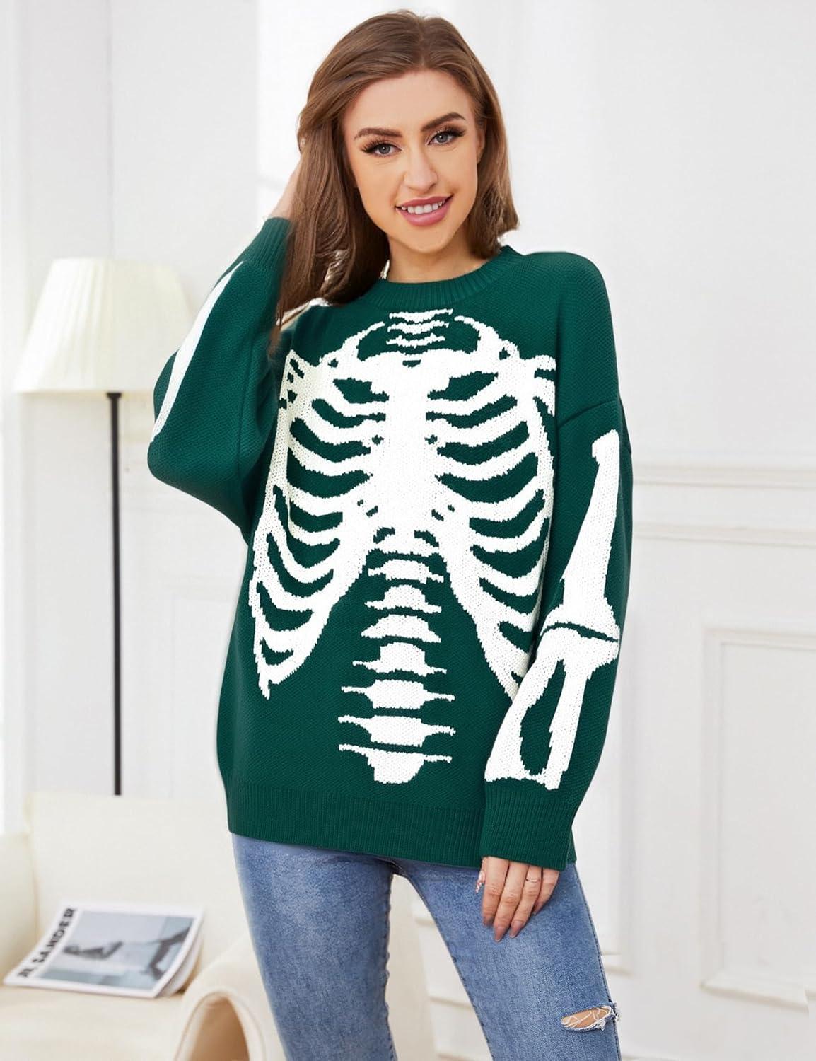 imageGihuo Women Dinosaur Oversized Sweater Graphic Crewneck Knitted Pullover Casual Loose Fit Jumper TopsGreenskeleton