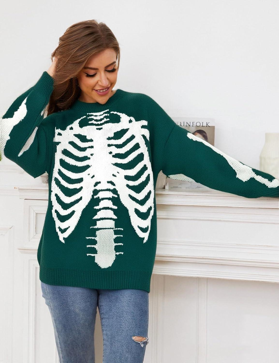 imageGihuo Women Dinosaur Oversized Sweater Graphic Crewneck Knitted Pullover Casual Loose Fit Jumper TopsGreenskeleton