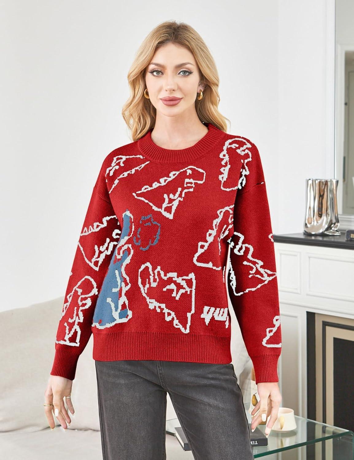 imageGihuo Women Dinosaur Oversized Sweater Graphic Crewneck Knitted Pullover Casual Loose Fit Jumper TopsRed