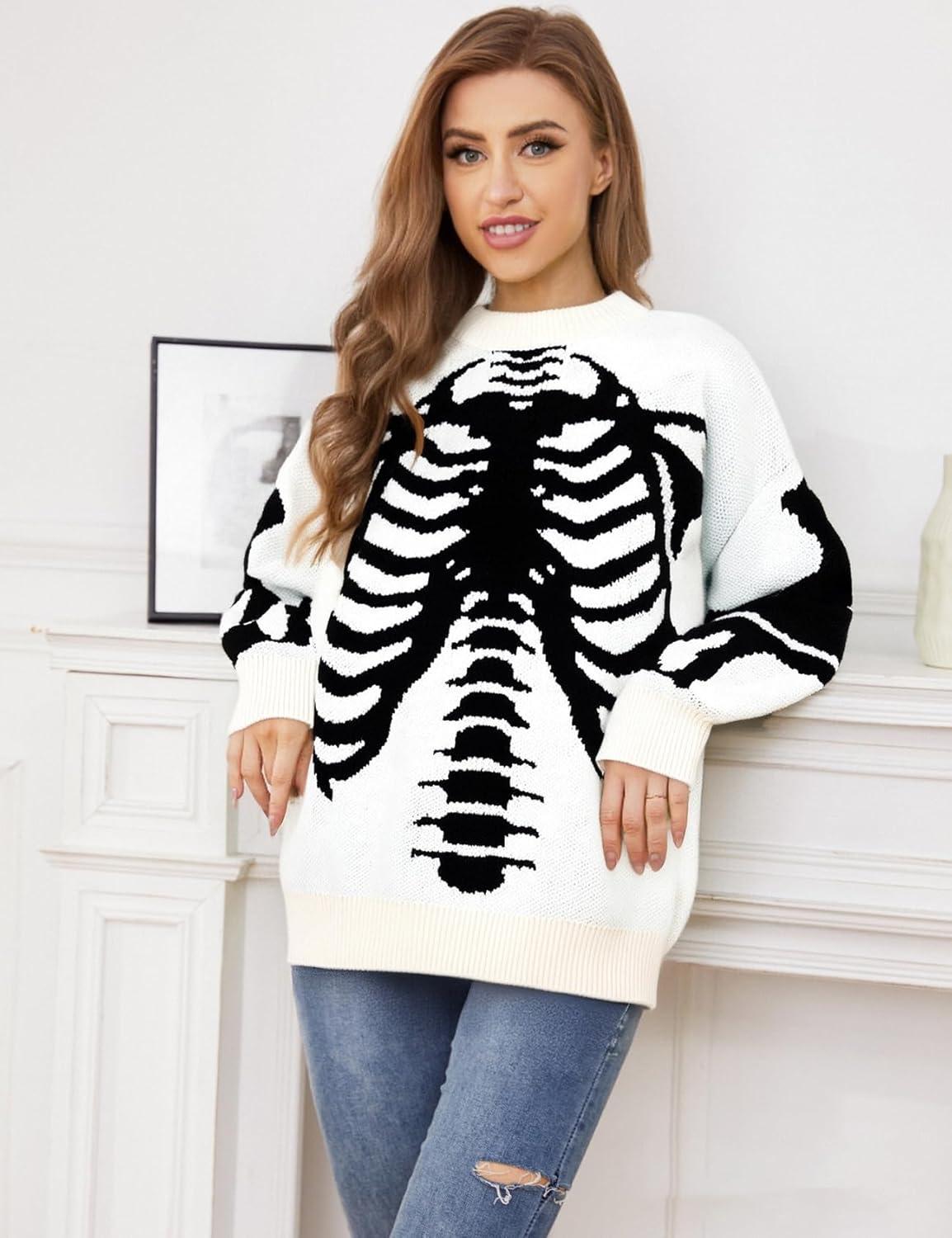 imageGihuo Women Dinosaur Oversized Sweater Graphic Crewneck Knitted Pullover Casual Loose Fit Jumper TopsWhiteskeleton