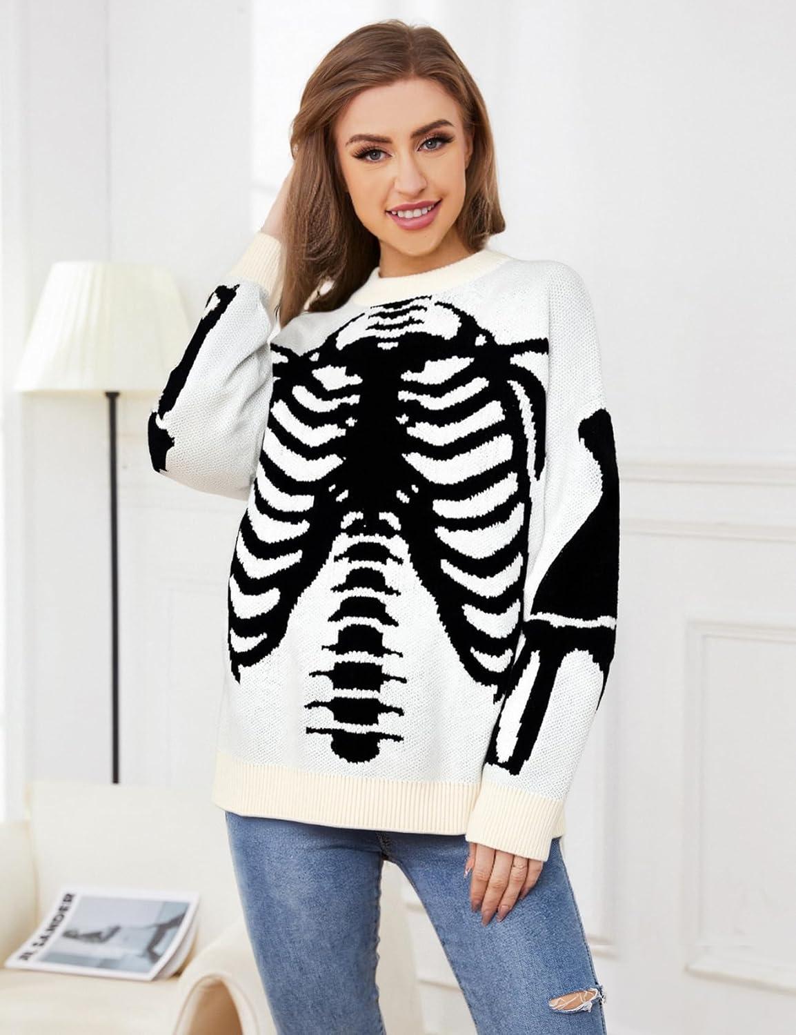 imageGihuo Women Dinosaur Oversized Sweater Graphic Crewneck Knitted Pullover Casual Loose Fit Jumper TopsWhiteskeleton