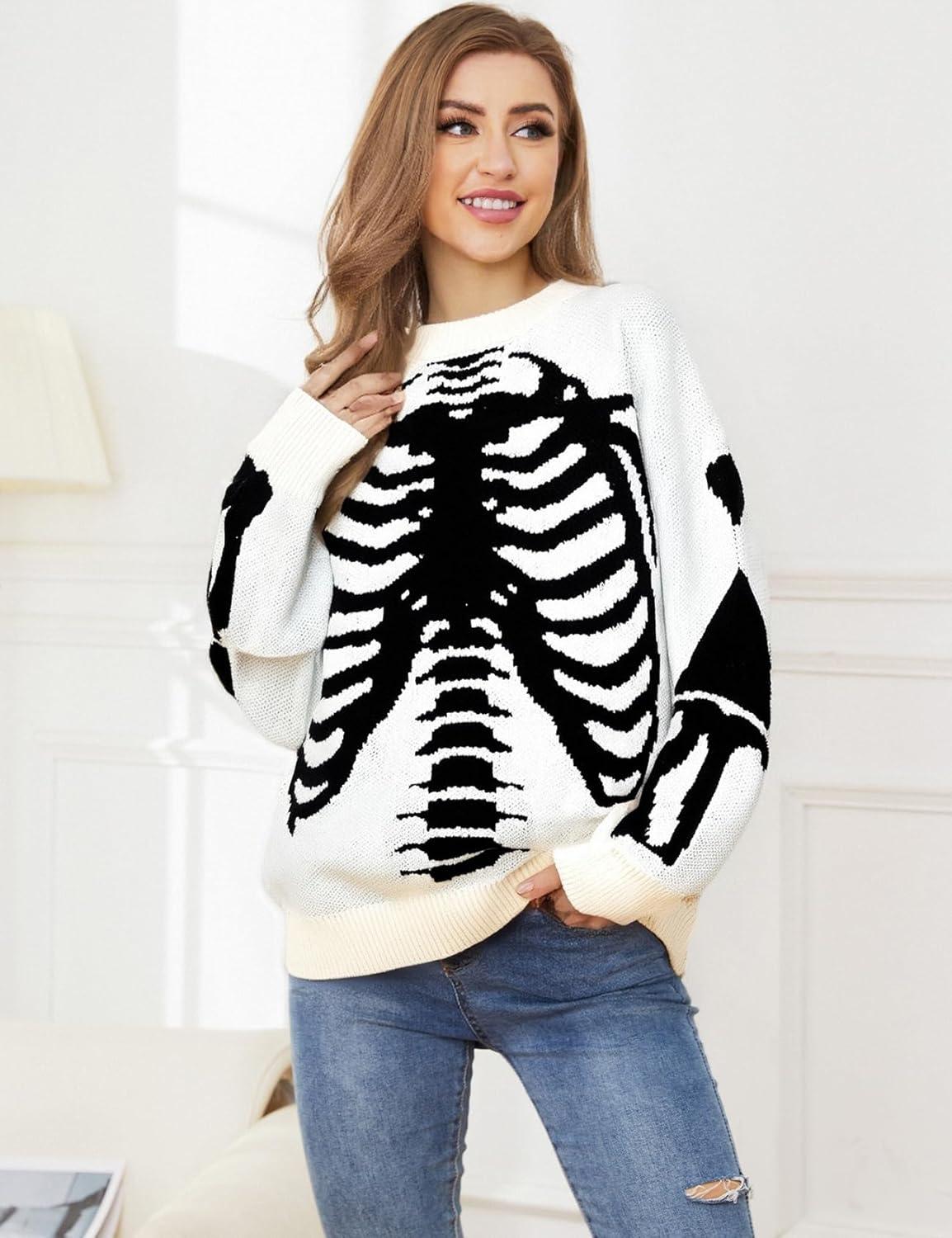 imageGihuo Women Dinosaur Oversized Sweater Graphic Crewneck Knitted Pullover Casual Loose Fit Jumper TopsWhiteskeleton