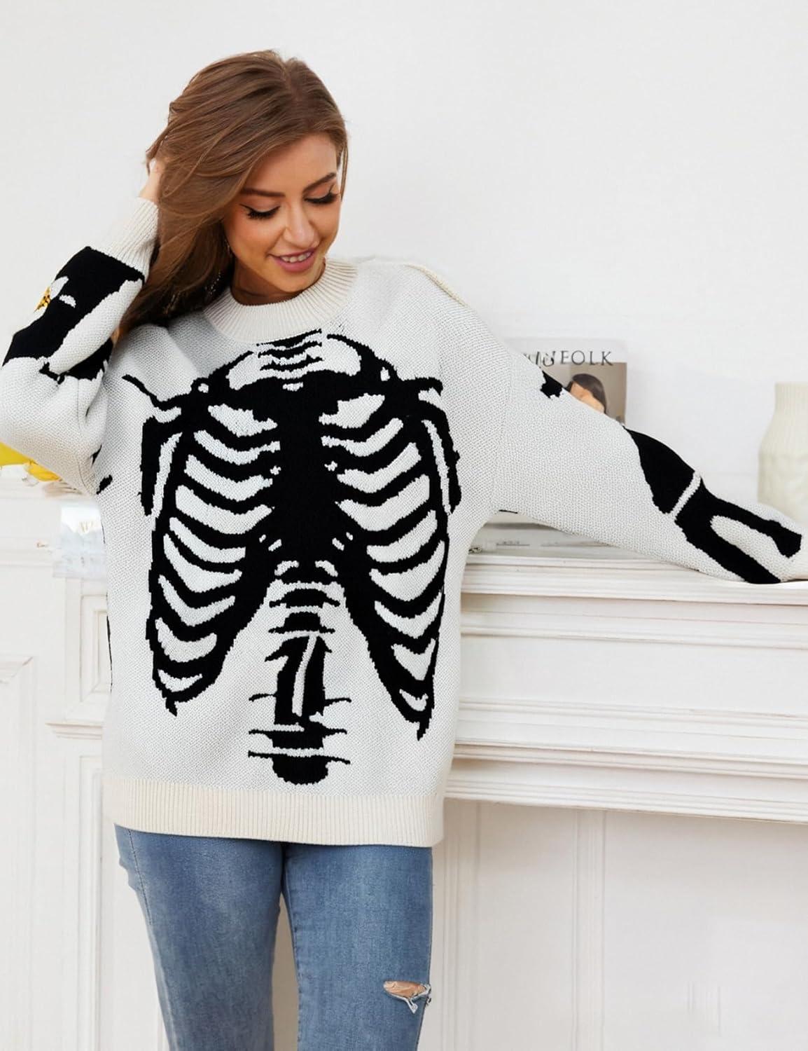 imageGihuo Women Dinosaur Oversized Sweater Graphic Crewneck Knitted Pullover Casual Loose Fit Jumper TopsWhiteskeleton