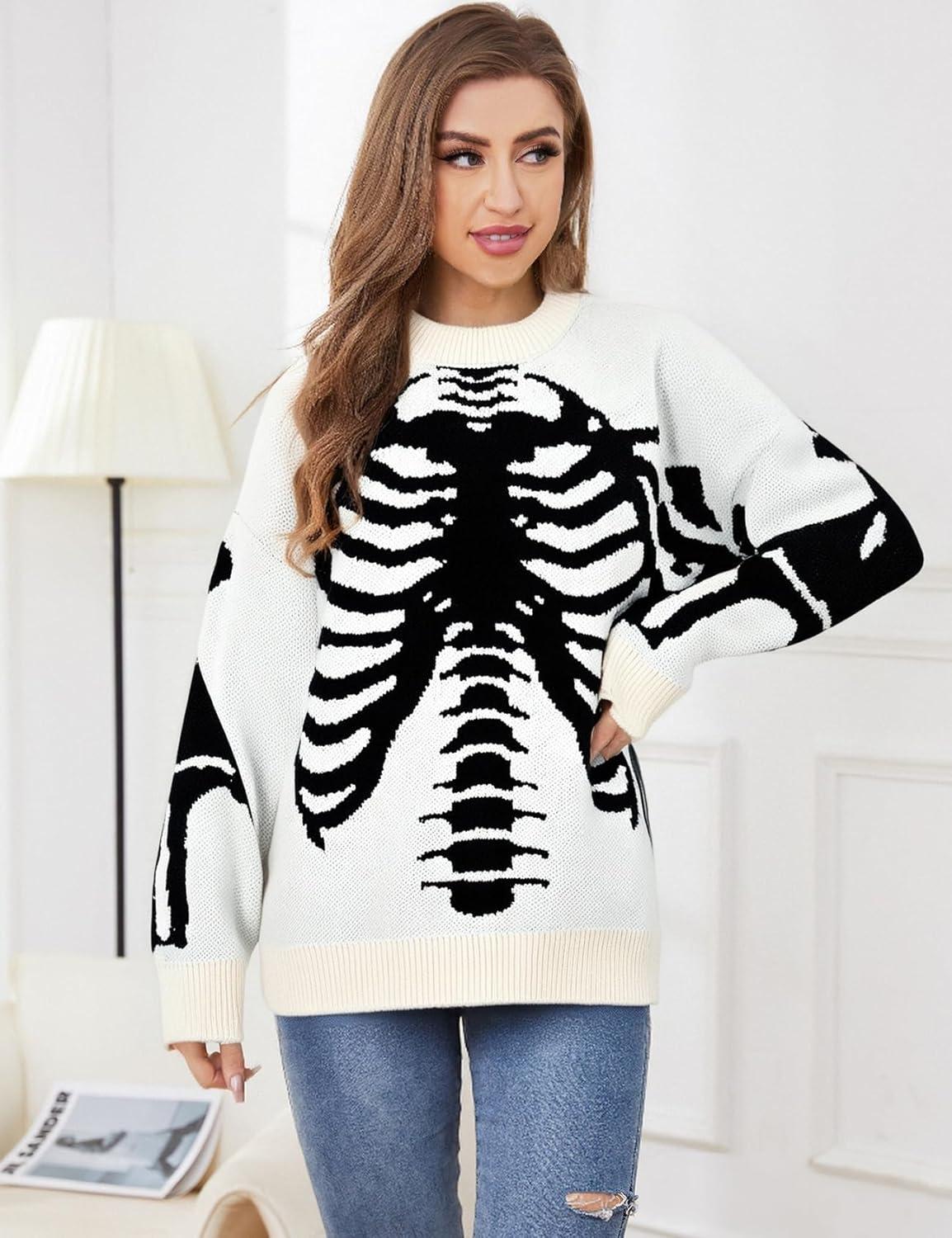 imageGihuo Women Dinosaur Oversized Sweater Graphic Crewneck Knitted Pullover Casual Loose Fit Jumper TopsWhiteskeleton