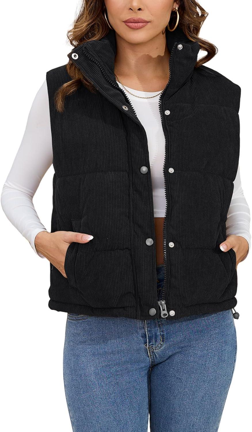 imageGihuo Womens Corduroy Puffer Vest Stand Collar Zip Up Padded Vests Sleeveless Quilted Jackets Snap Gilet with PocketsBlack