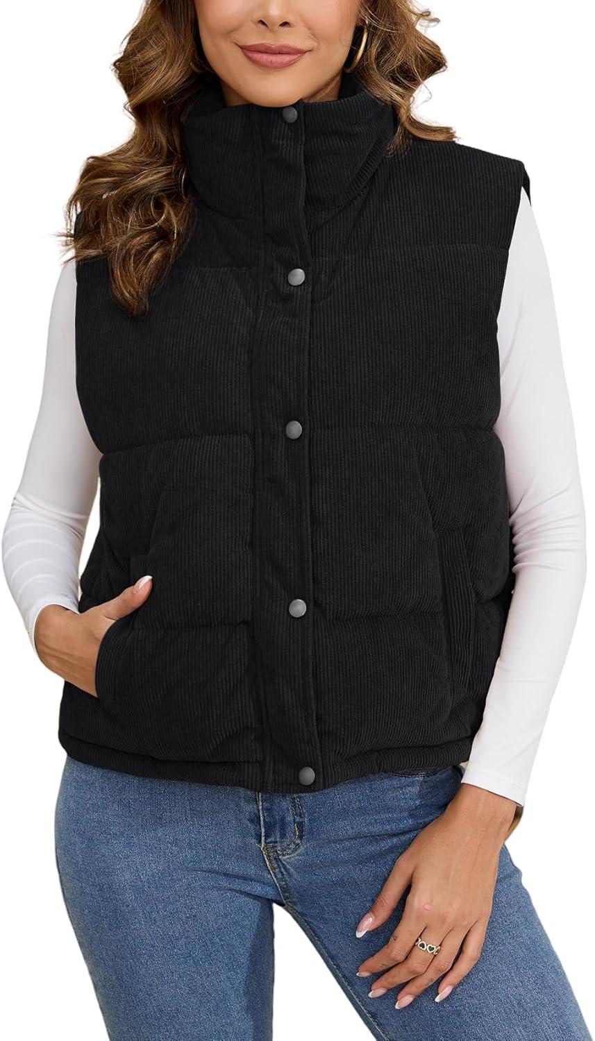 imageGihuo Womens Corduroy Puffer Vest Stand Collar Zip Up Padded Vests Sleeveless Quilted Jackets Snap Gilet with PocketsBlack