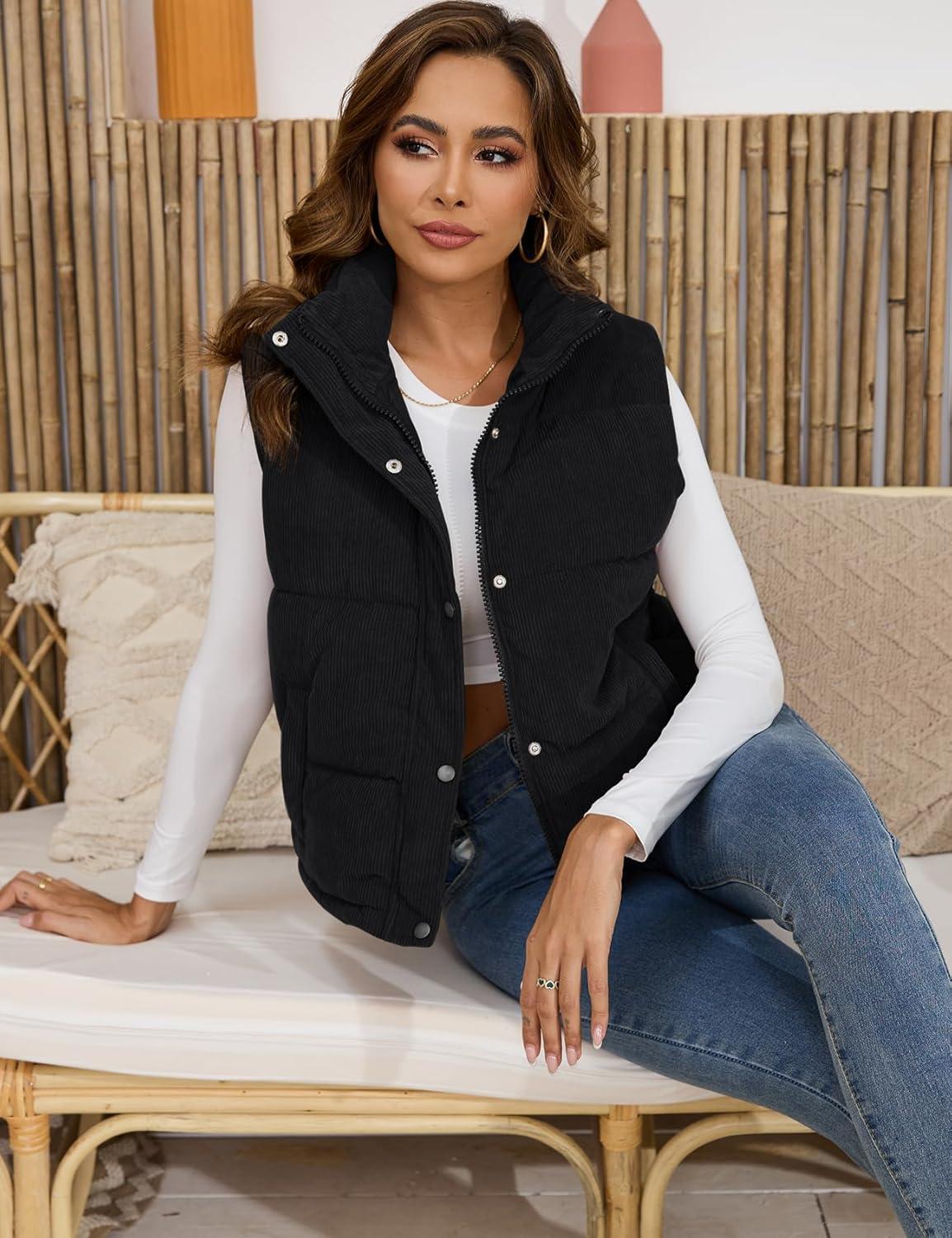 imageGihuo Womens Corduroy Puffer Vest Stand Collar Zip Up Padded Vests Sleeveless Quilted Jackets Snap Gilet with PocketsBlack