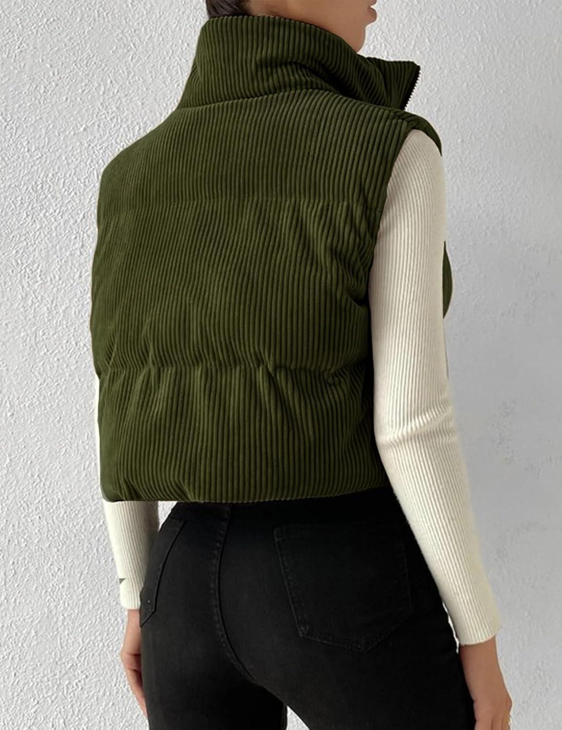 imageGihuo Womens Cropped Puffer Vest Corduroy Zip Up VestsArmygreen