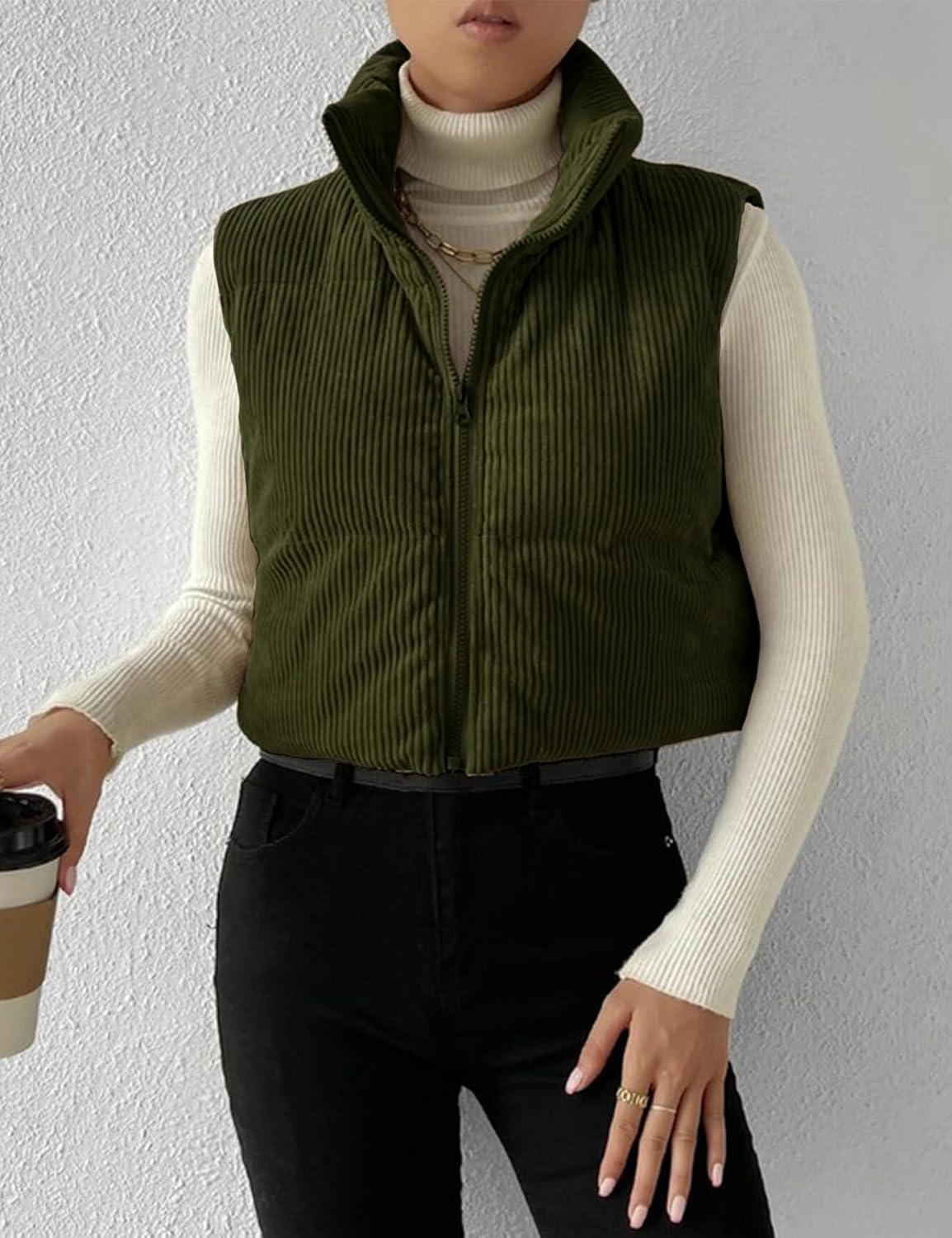 imageGihuo Womens Cropped Puffer Vest Corduroy Zip Up VestsArmygreen