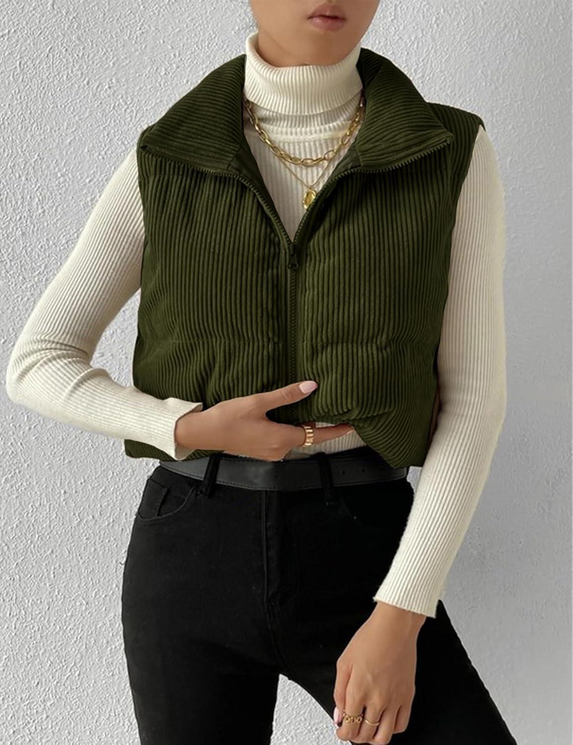 imageGihuo Womens Cropped Puffer Vest Corduroy Zip Up VestsArmygreen