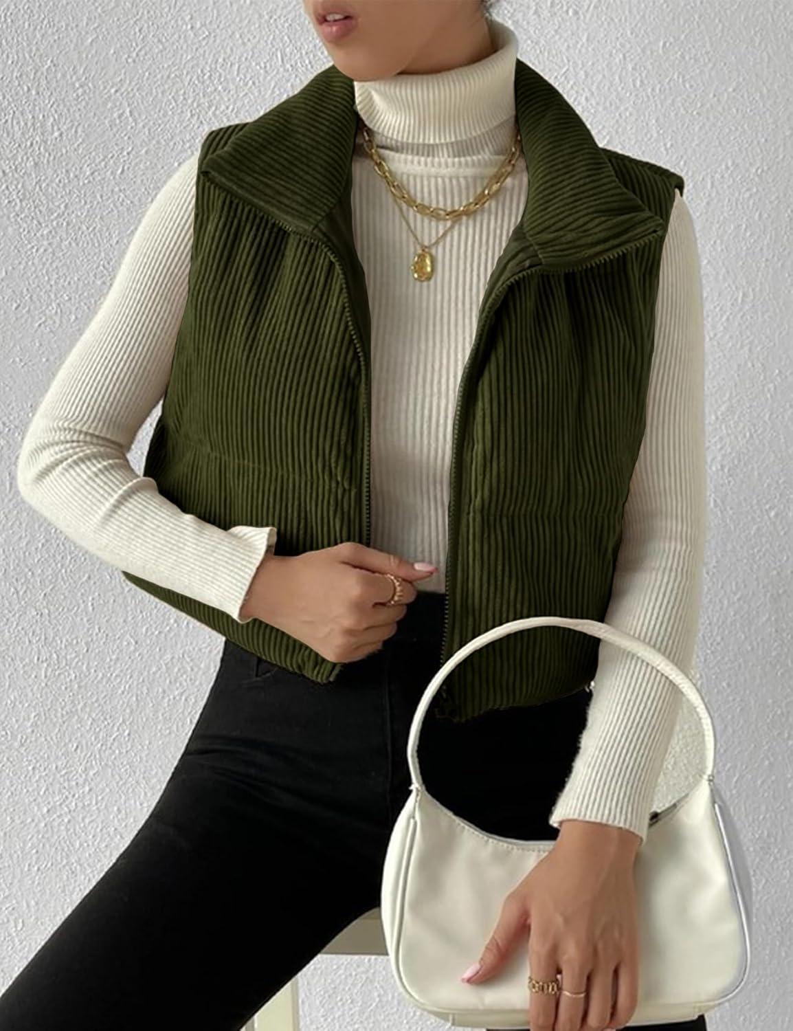 imageGihuo Womens Cropped Puffer Vest Corduroy Zip Up VestsArmygreen