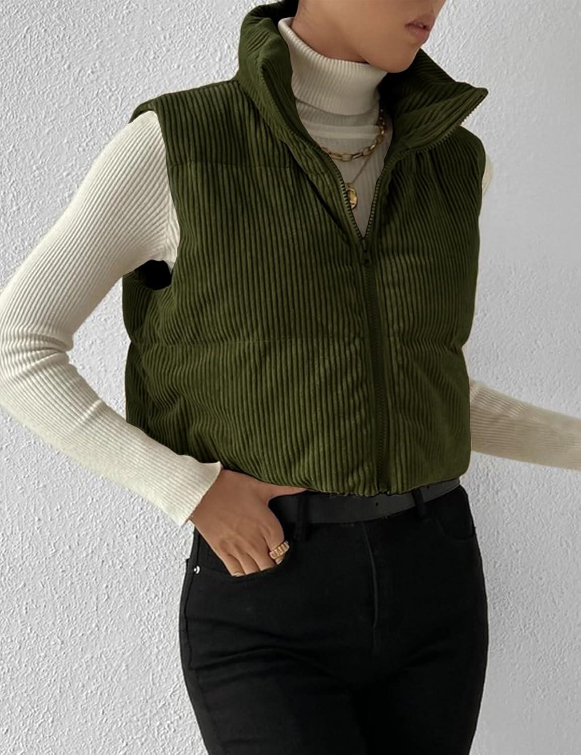 imageGihuo Womens Cropped Puffer Vest Corduroy Zip Up VestsArmygreen
