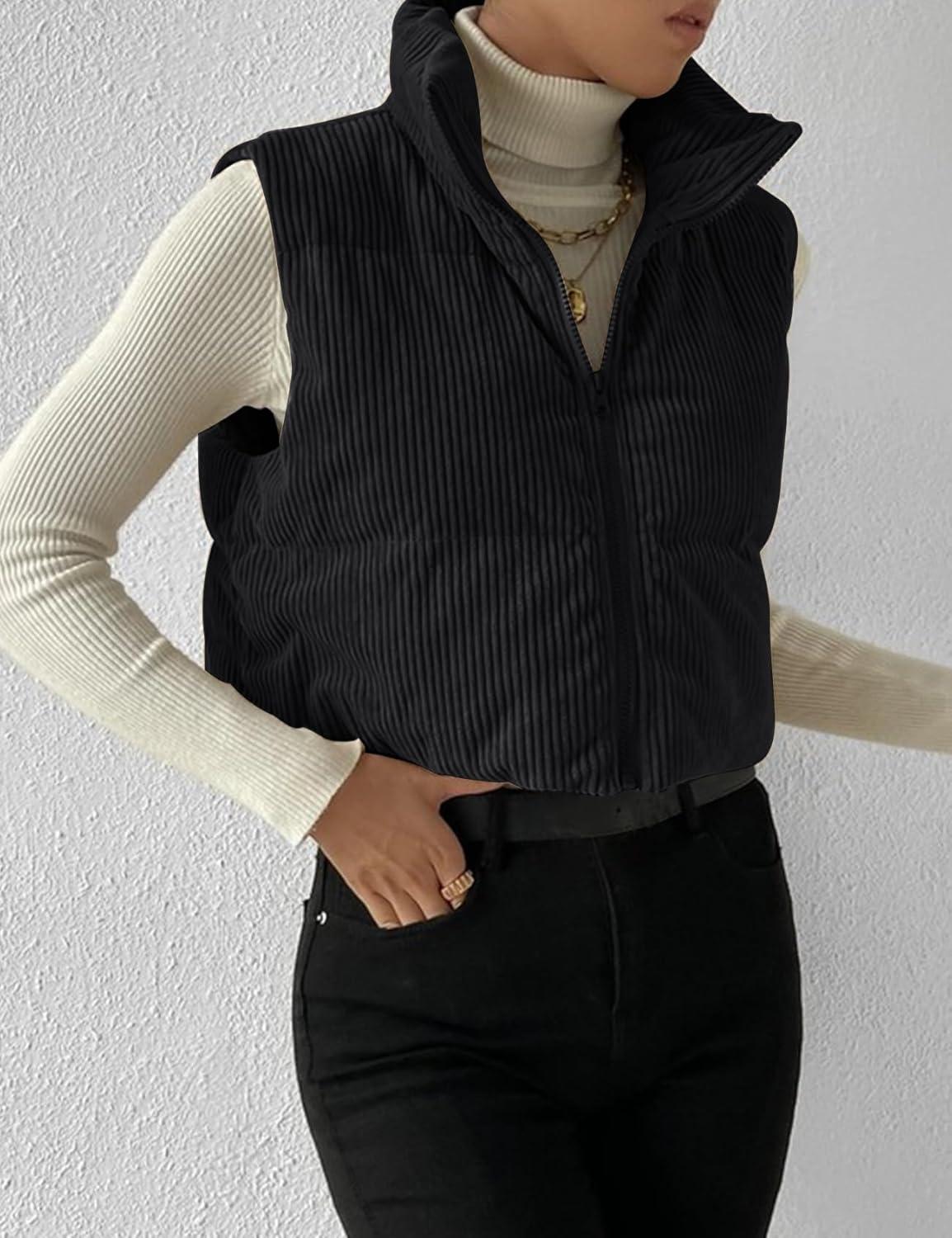 imageGihuo Womens Cropped Puffer Vest Corduroy Zip Up VestsBlack