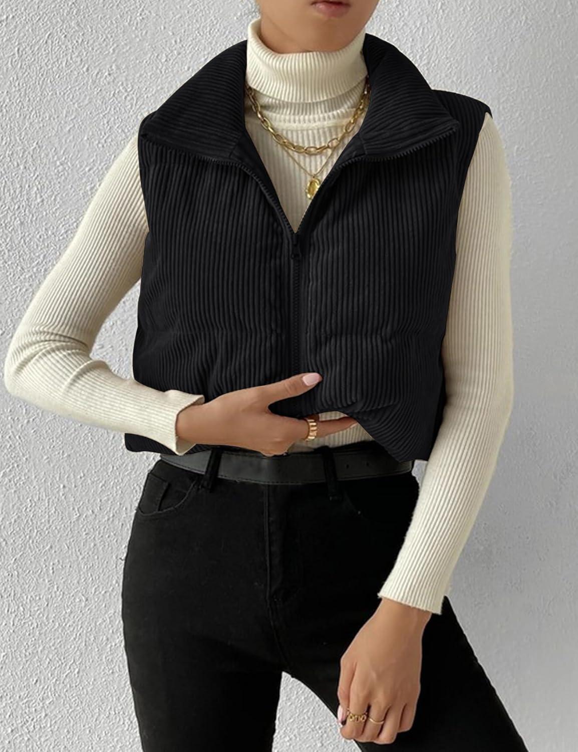imageGihuo Womens Cropped Puffer Vest Corduroy Zip Up VestsBlack