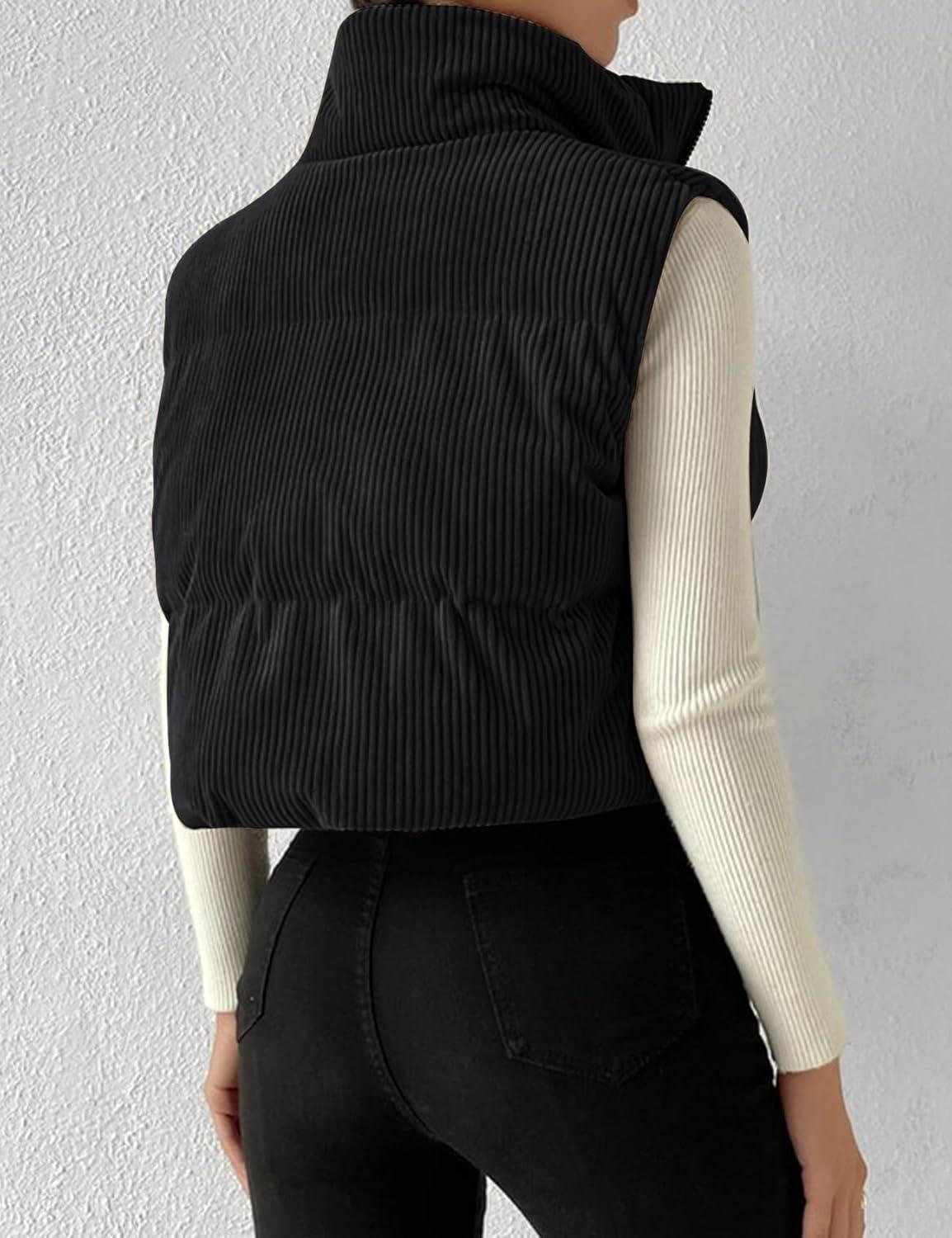 imageGihuo Womens Cropped Puffer Vest Corduroy Zip Up VestsBlack