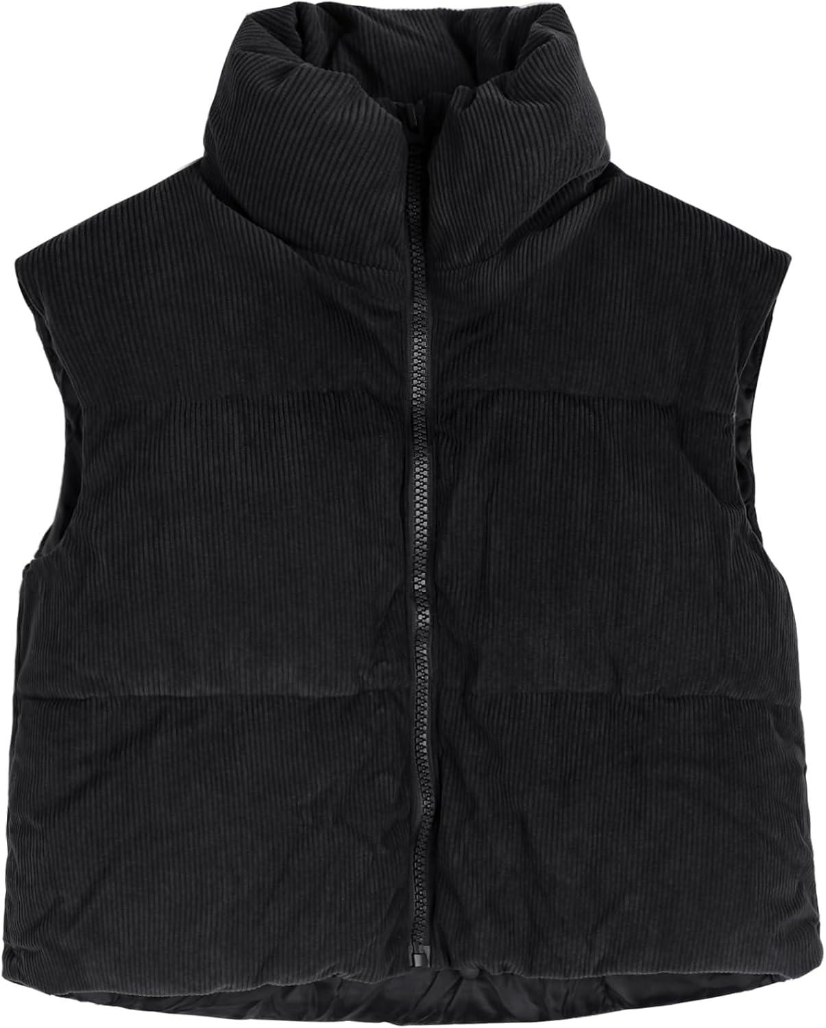 imageGihuo Womens Cropped Puffer Vest Corduroy Zip Up VestsBlack