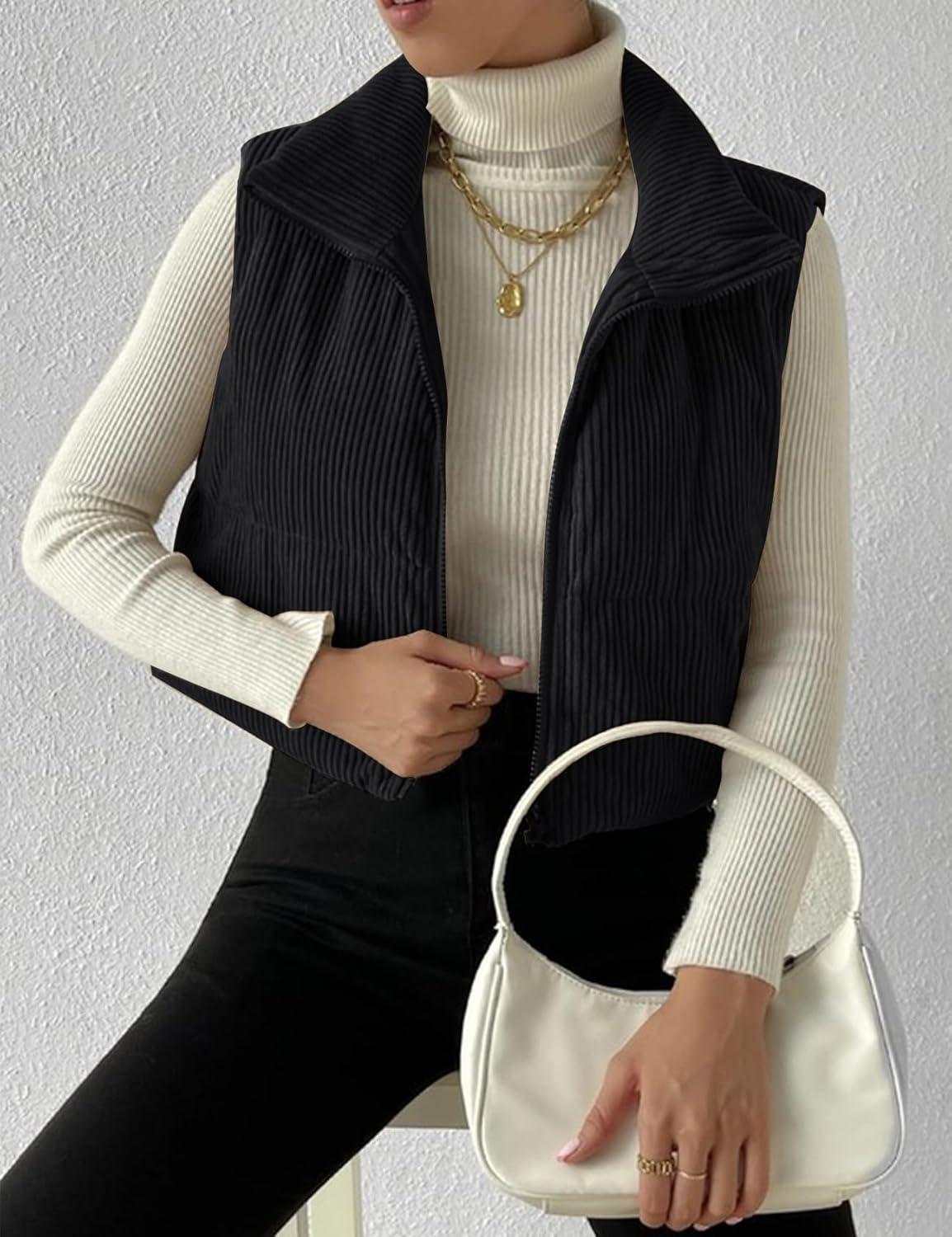 imageGihuo Womens Cropped Puffer Vest Corduroy Zip Up VestsBlack
