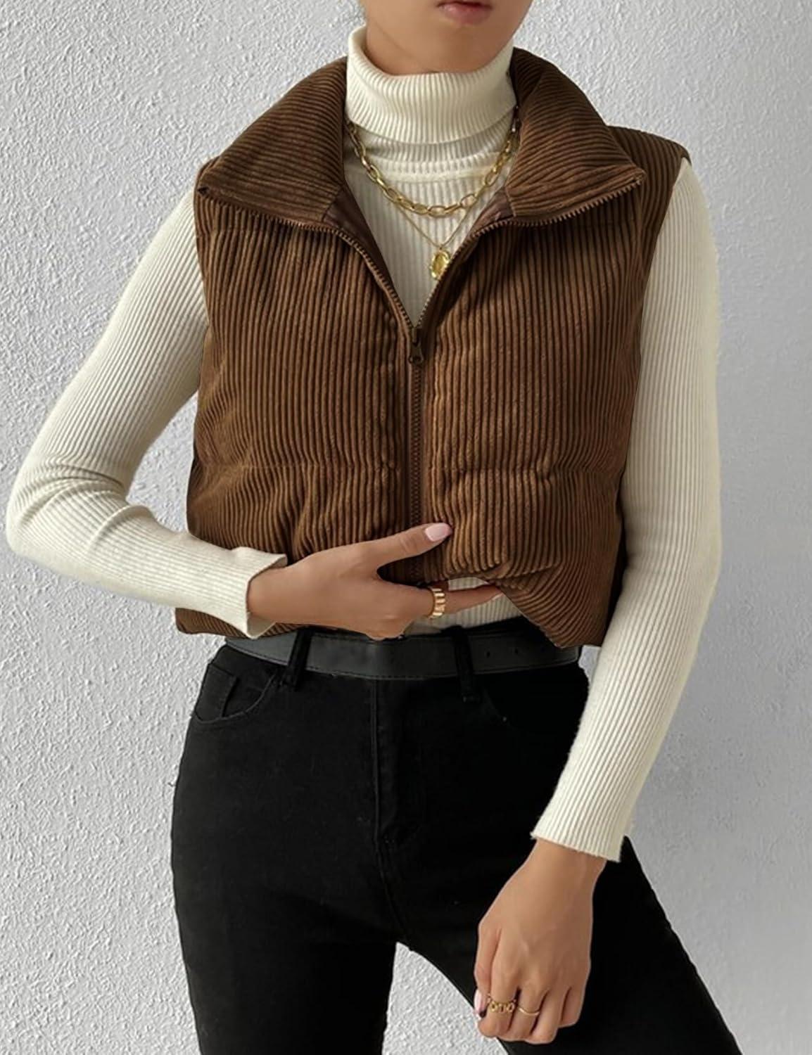 imageGihuo Womens Cropped Puffer Vest Corduroy Zip Up VestsBrown