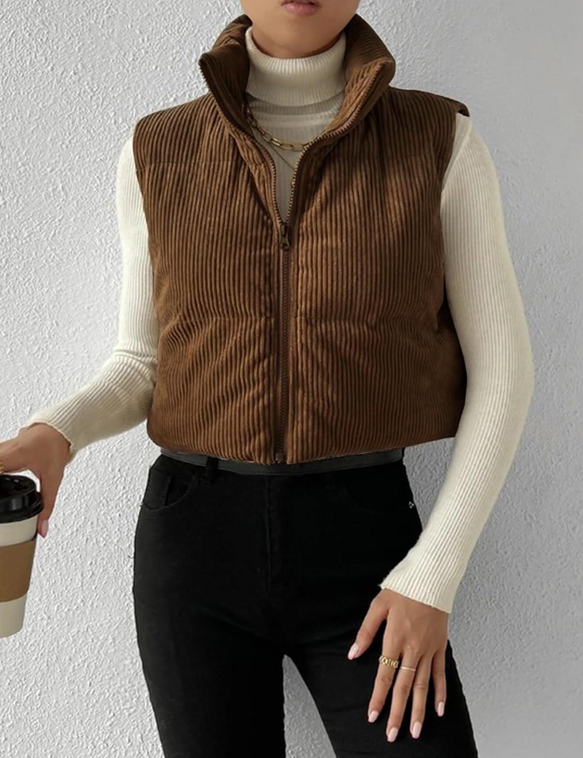 imageGihuo Womens Cropped Puffer Vest Corduroy Zip Up VestsBrown