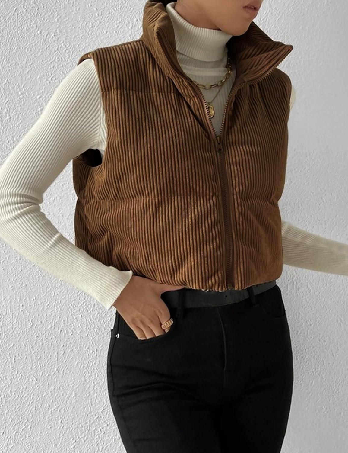 imageGihuo Womens Cropped Puffer Vest Corduroy Zip Up VestsBrown