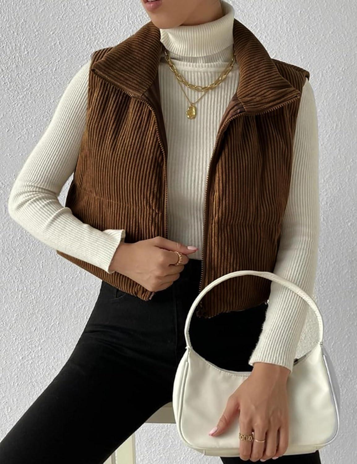 imageGihuo Womens Cropped Puffer Vest Corduroy Zip Up VestsBrown