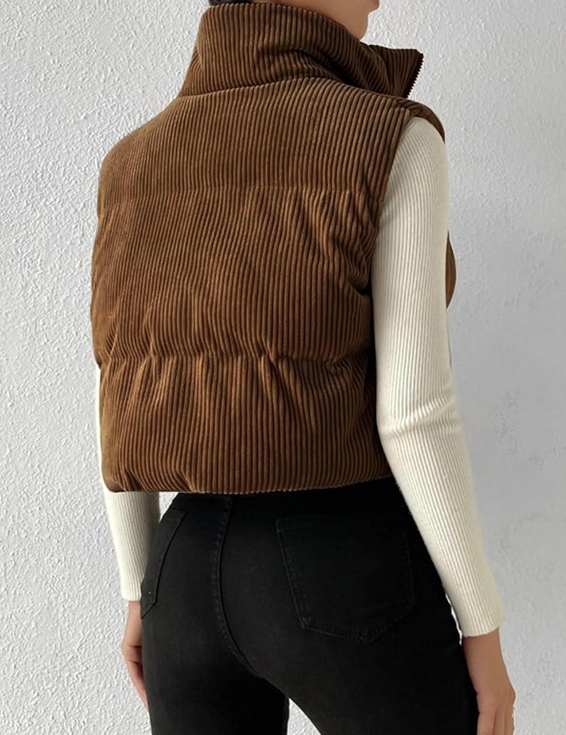 imageGihuo Womens Cropped Puffer Vest Corduroy Zip Up VestsBrown