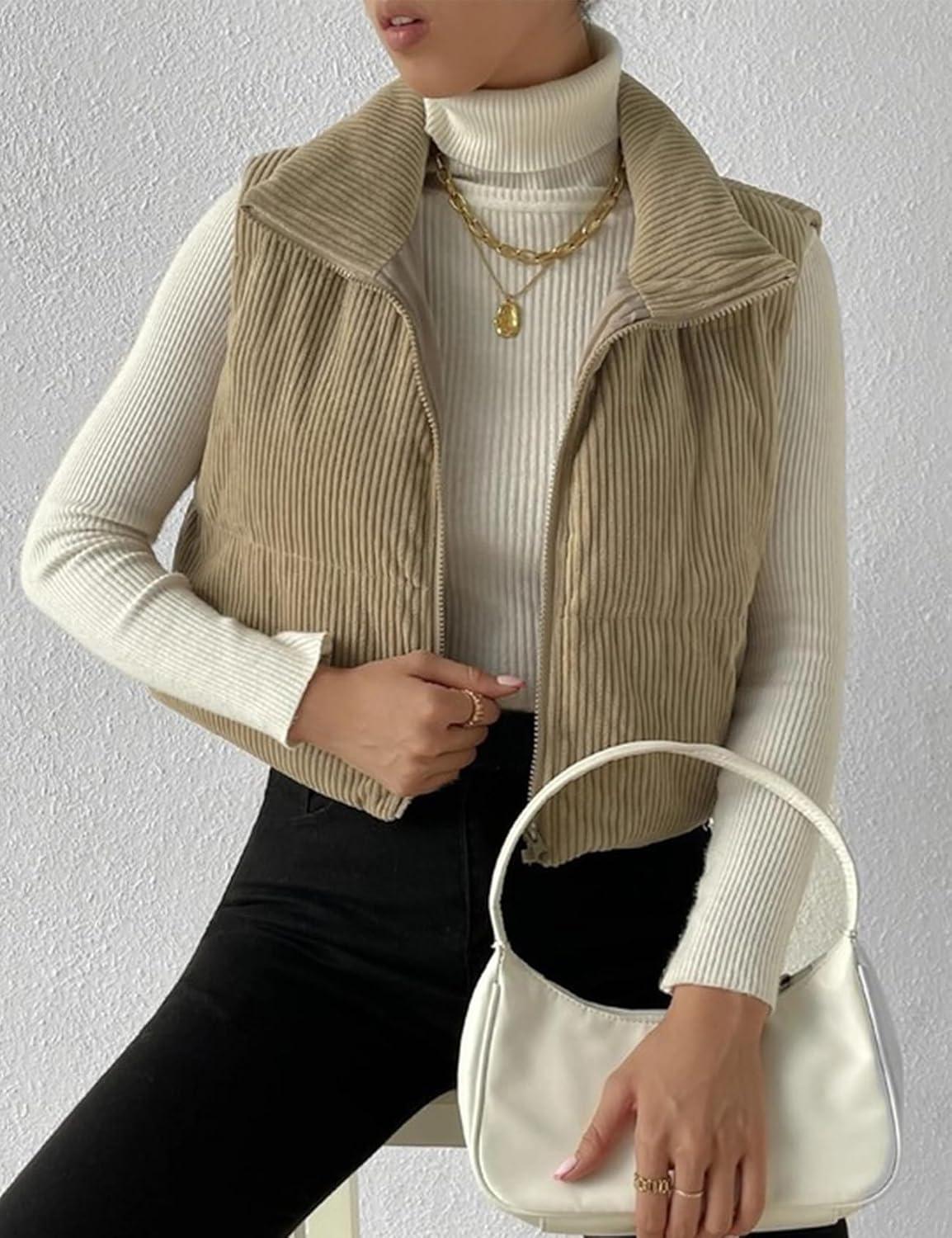 imageGihuo Womens Cropped Puffer Vest Corduroy Zip Up VestsKhaki