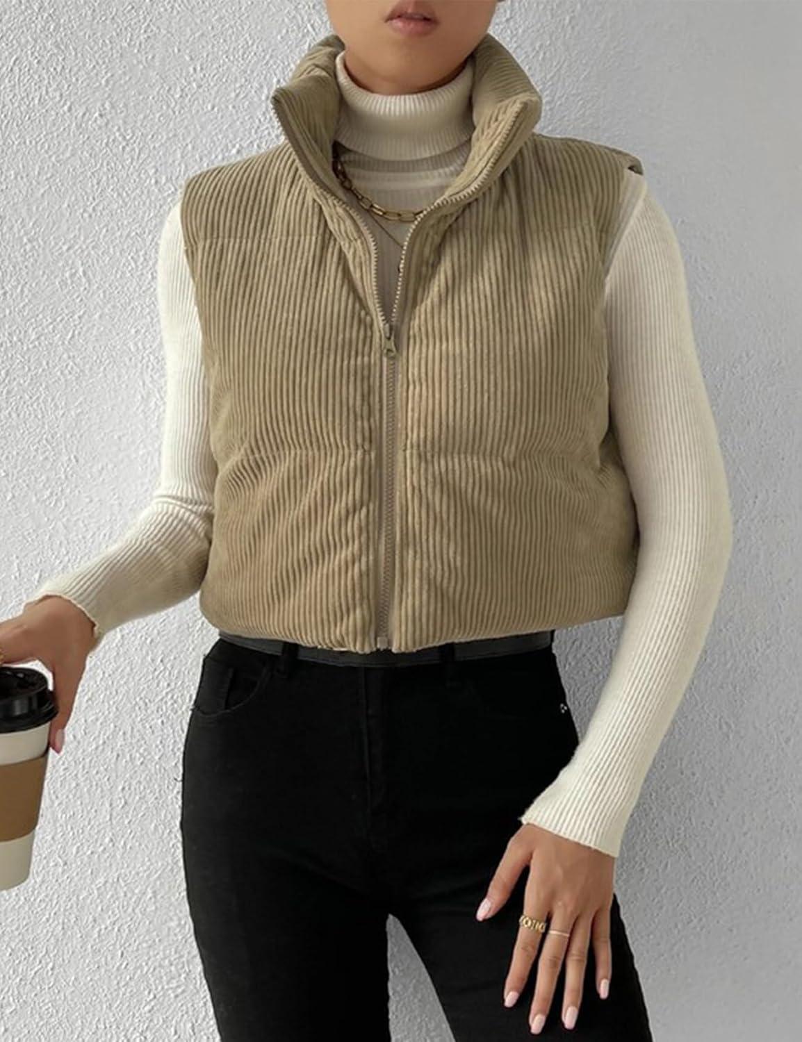 imageGihuo Womens Cropped Puffer Vest Corduroy Zip Up VestsKhaki