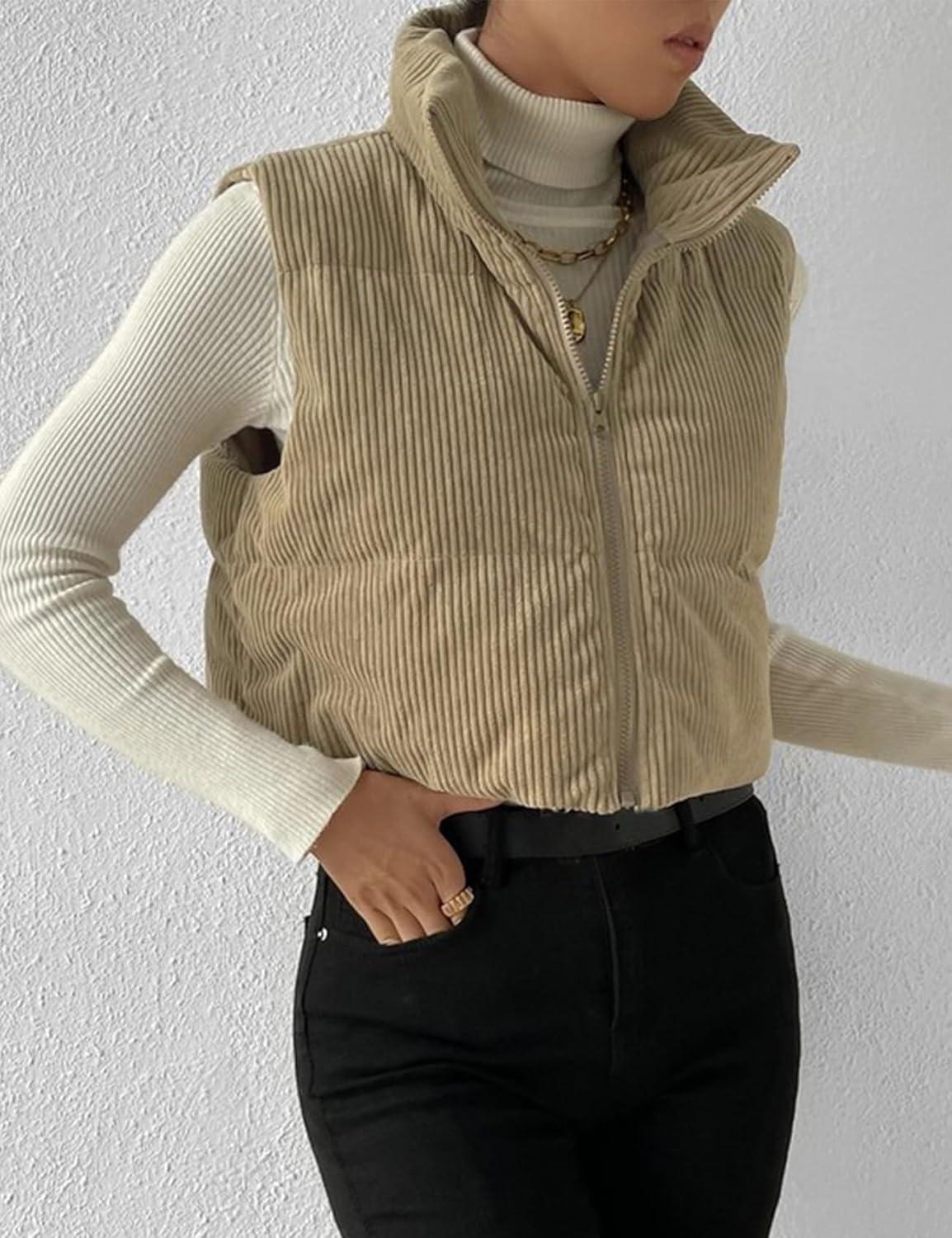 imageGihuo Womens Cropped Puffer Vest Corduroy Zip Up VestsKhaki