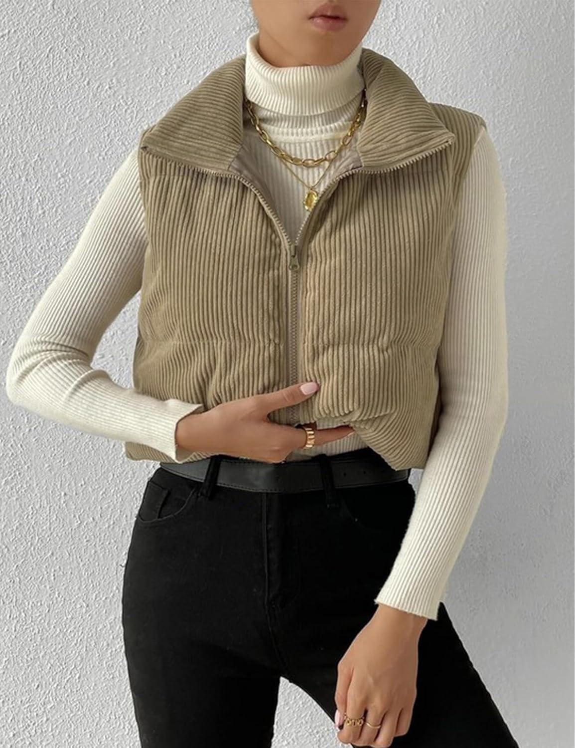 imageGihuo Womens Cropped Puffer Vest Corduroy Zip Up VestsKhaki