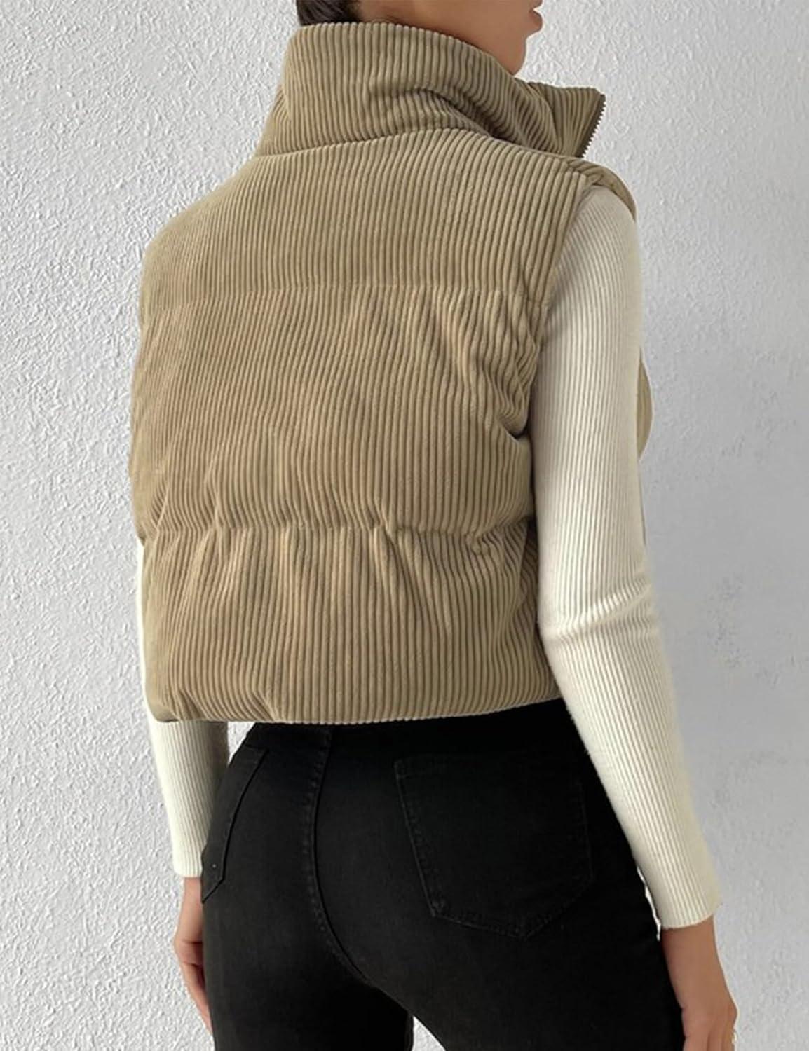 imageGihuo Womens Cropped Puffer Vest Corduroy Zip Up VestsKhaki