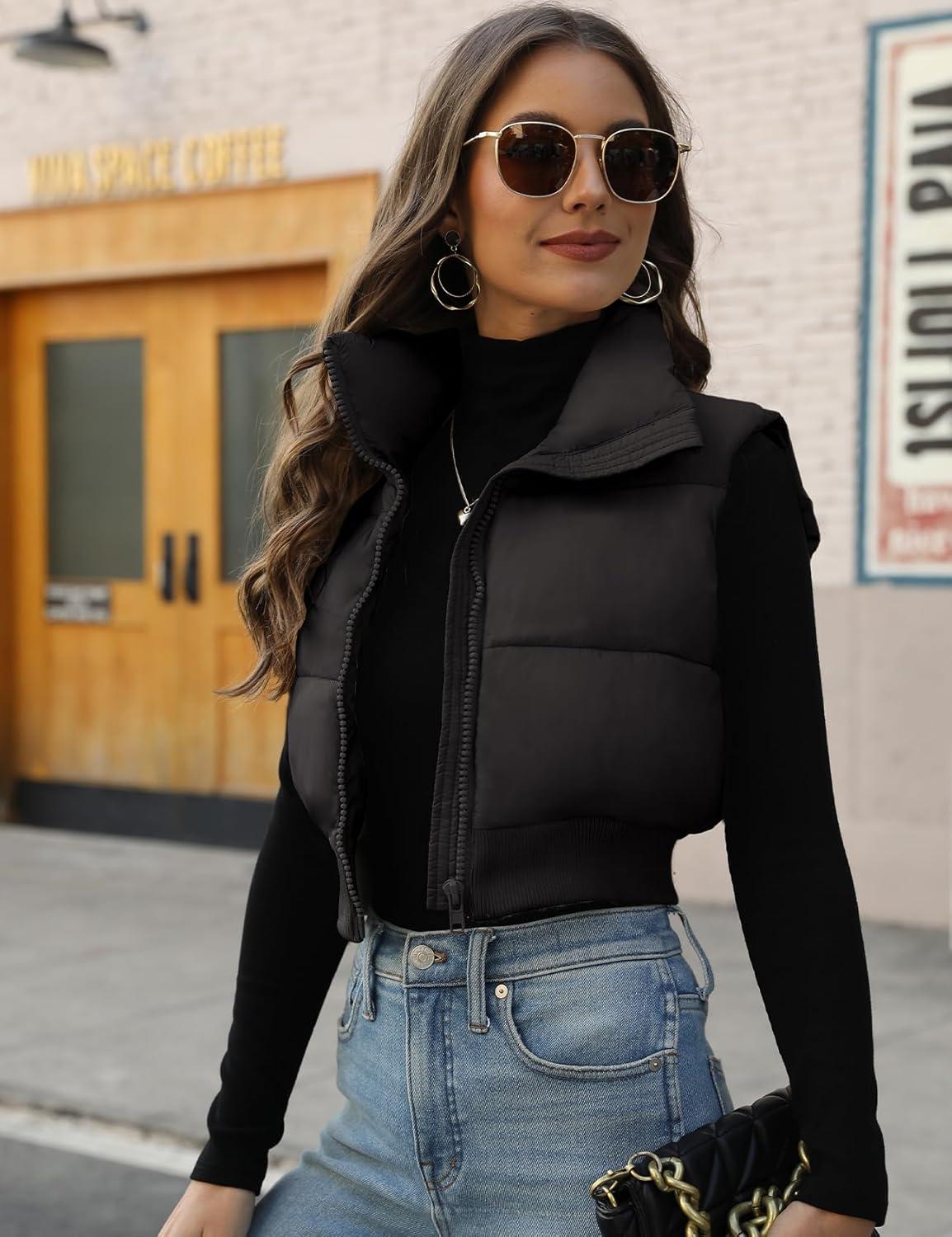 imageGihuo Womens Cropped Puffer Vest Sleeveless Puffer Jacket Padded Gilet Outerwear Winter Full Zip Lightweight CoatBlack
