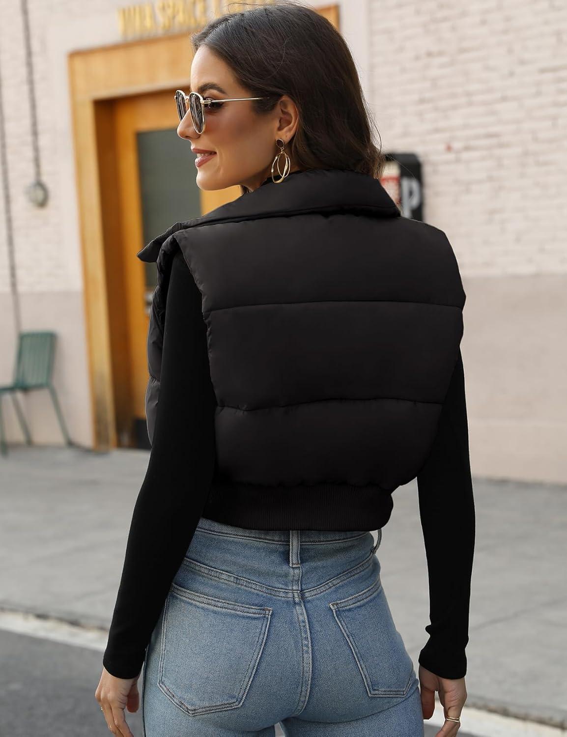 imageGihuo Womens Cropped Puffer Vest Sleeveless Puffer Jacket Padded Gilet Outerwear Winter Full Zip Lightweight CoatBlack