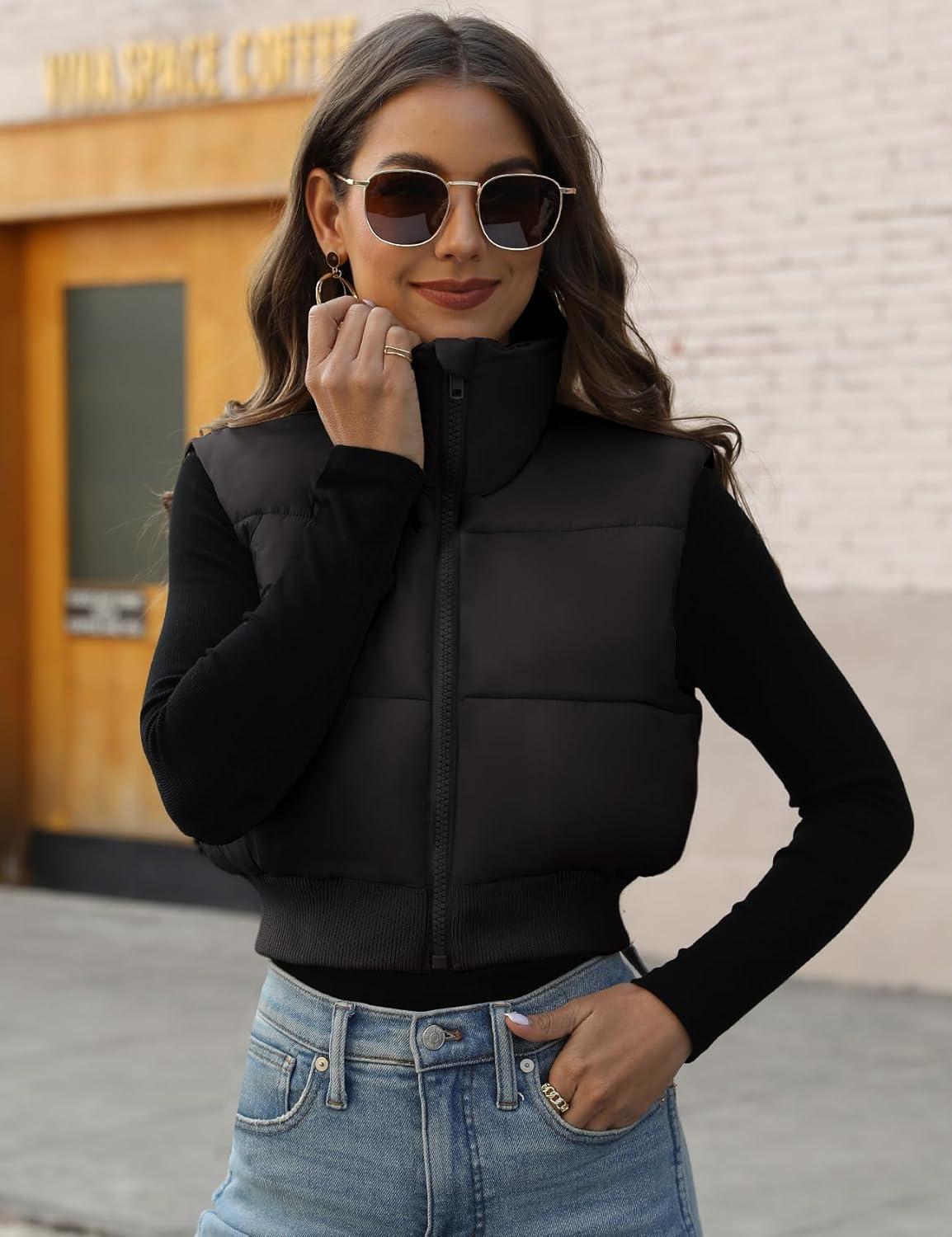 imageGihuo Womens Cropped Puffer Vest Sleeveless Puffer Jacket Padded Gilet Outerwear Winter Full Zip Lightweight CoatBlack