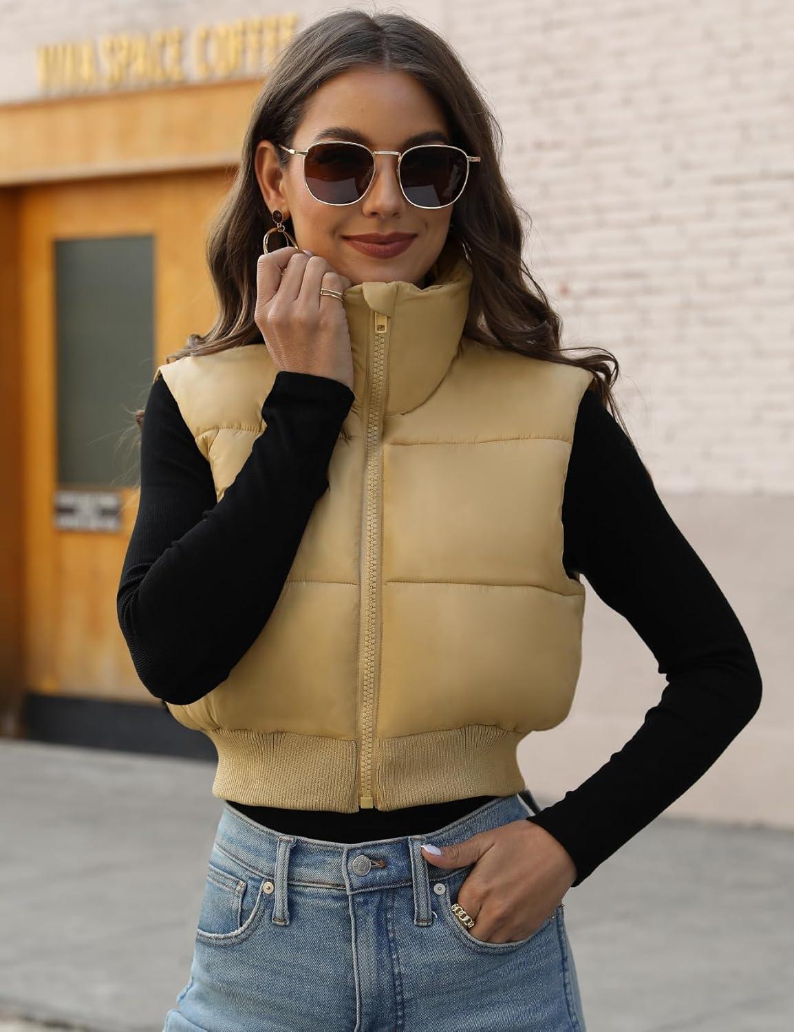 imageGihuo Womens Cropped Puffer Vest Sleeveless Puffer Jacket Padded Gilet Outerwear Winter Full Zip Lightweight CoatKhaki
