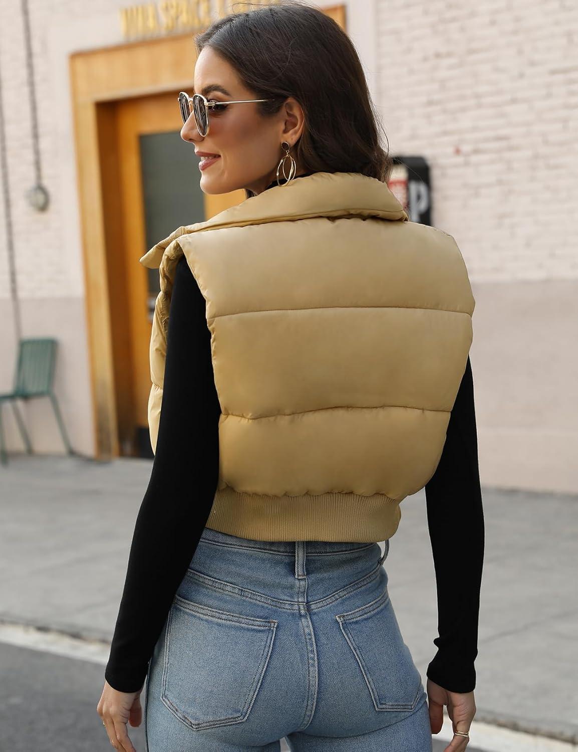 imageGihuo Womens Cropped Puffer Vest Sleeveless Puffer Jacket Padded Gilet Outerwear Winter Full Zip Lightweight CoatKhaki