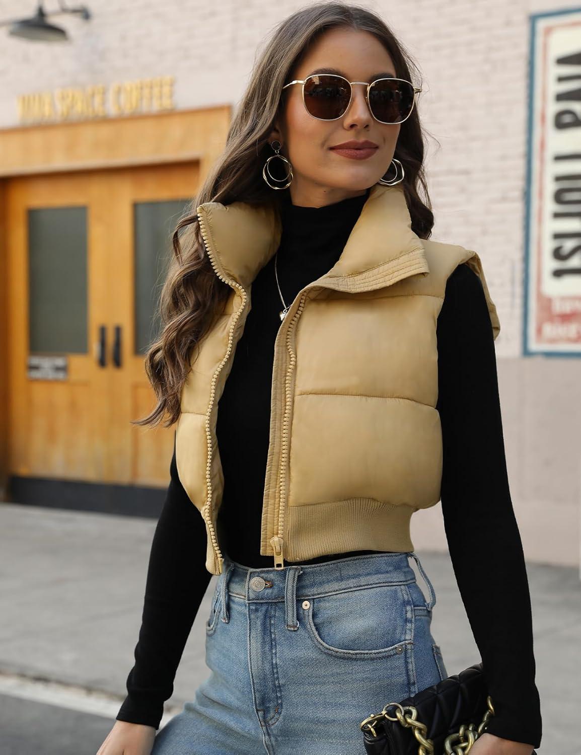 imageGihuo Womens Cropped Puffer Vest Sleeveless Puffer Jacket Padded Gilet Outerwear Winter Full Zip Lightweight CoatKhaki