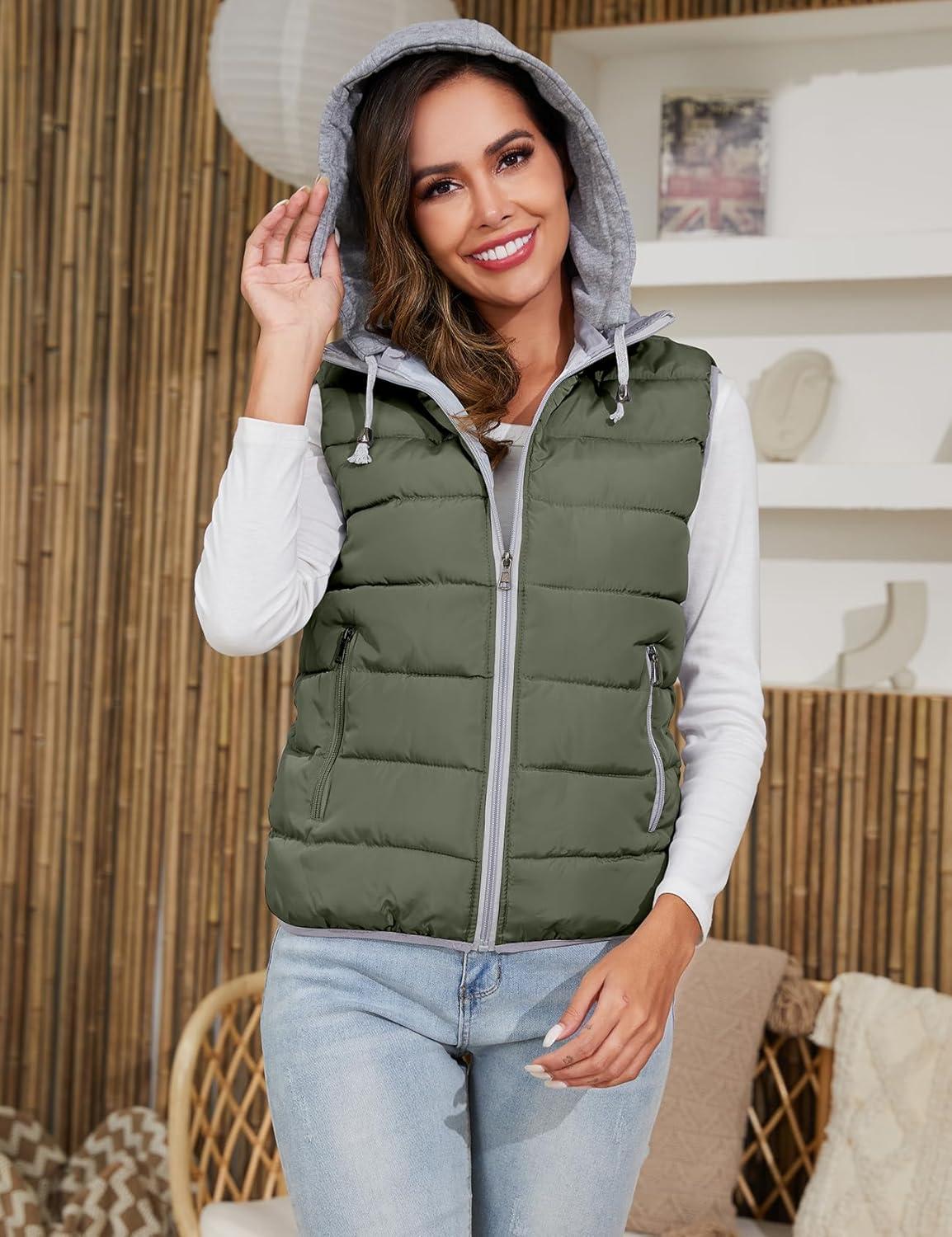 imageGihuo Womens Puffer Vest Zip Up Quilted Padded Winter Hooded Vest Warm Jacket Outerwear VestArmy
