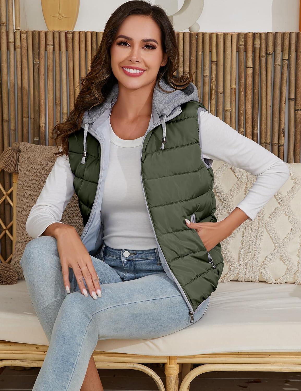 imageGihuo Womens Puffer Vest Zip Up Quilted Padded Winter Hooded Vest Warm Jacket Outerwear VestArmy