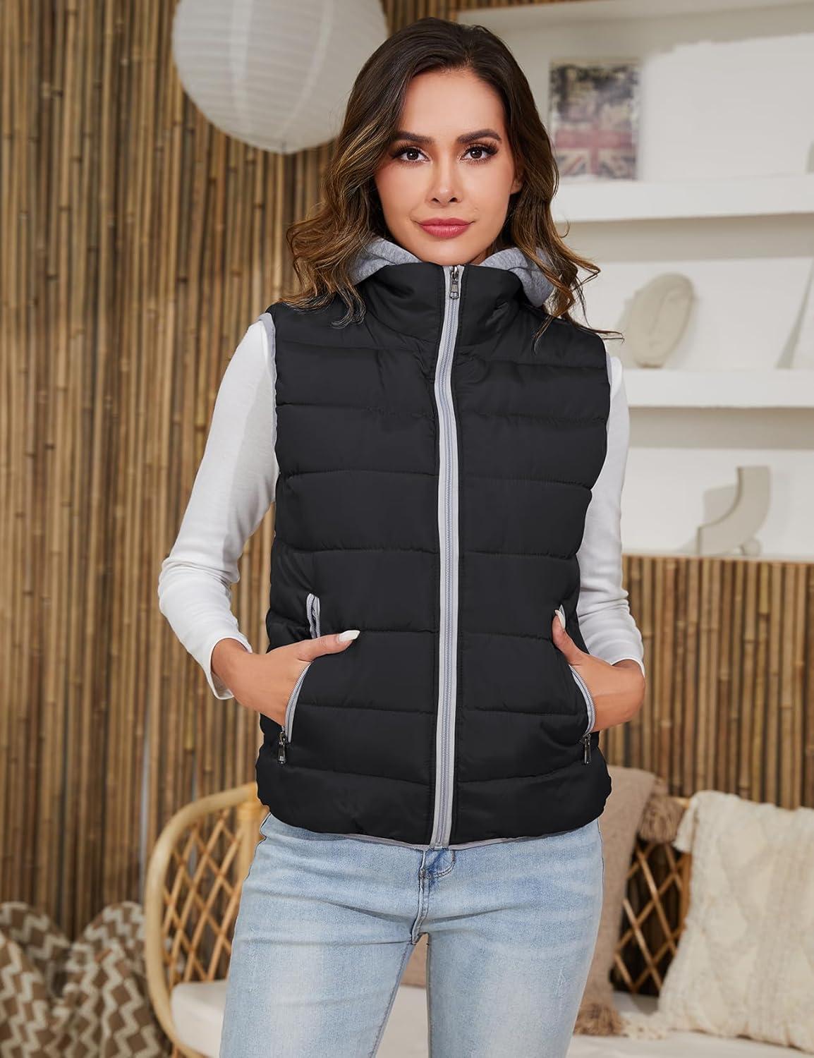 imageGihuo Womens Puffer Vest Zip Up Quilted Padded Winter Hooded Vest Warm Jacket Outerwear VestBlacknew