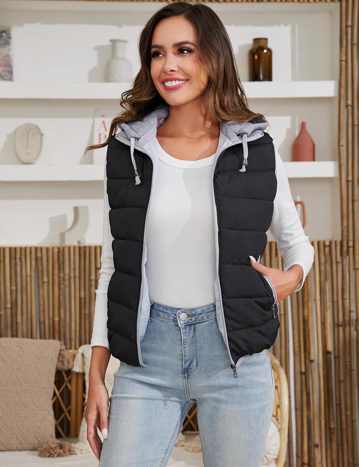 imageGihuo Womens Puffer Vest Zip Up Quilted Padded Winter Hooded Vest Warm Jacket Outerwear VestBlacknew